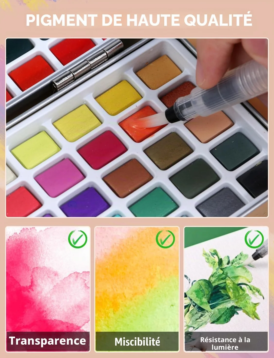 Nicpro Kit de Aquarelle Peinture avec Boîte, 100 Couleurs Macaron Métallique et Fluorescent, 8 Pinceaux, 25 Papiers, Palette