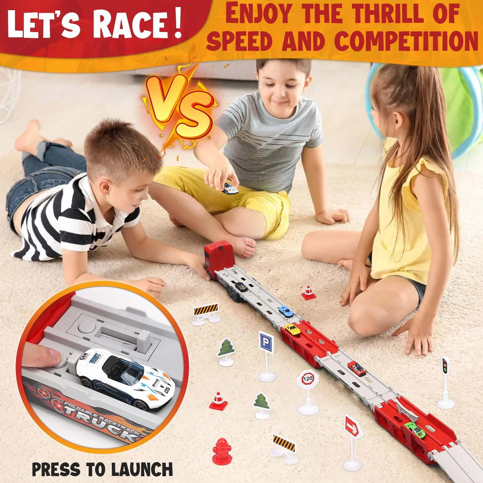 Aoskie Camion de Course Pliable Double Couche avec 6 Voitures à Tirer en Alliage pour Enfants