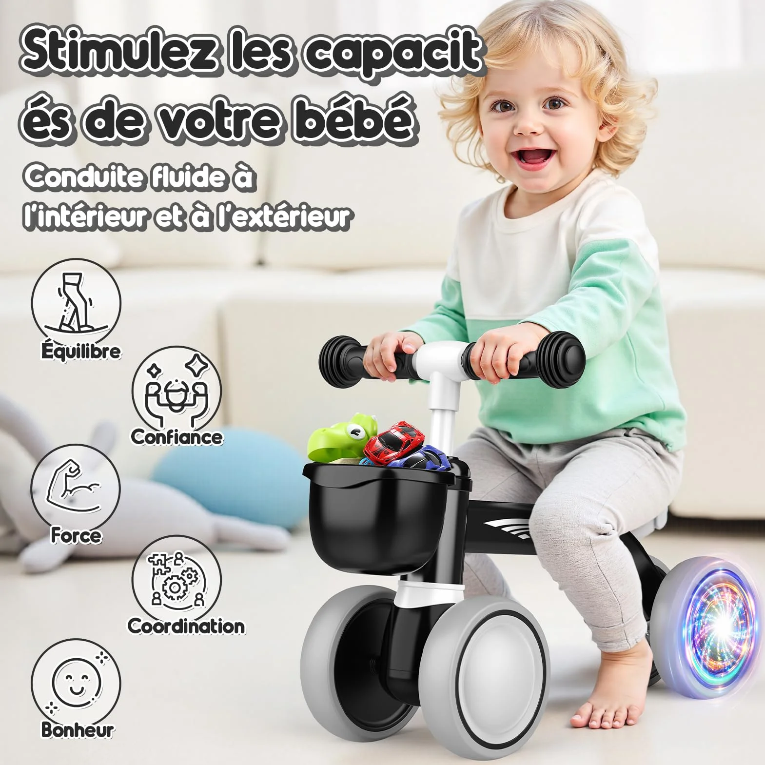 HappyGoLucky Draisienne Évolutive 1-2 Ans, Vélo avec Panier, Trotteur Bébé, Roues Colorées, Ultra-léger, Jouet 12-24 Mois