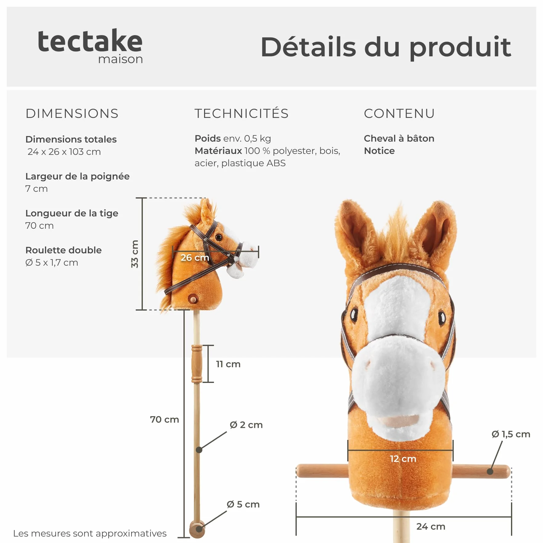 Tectake Hobby Horse 103 cm, Cheval Bâton à partir de 24 Mois, Poignées Latérales et Roulettes, Peluche Douce