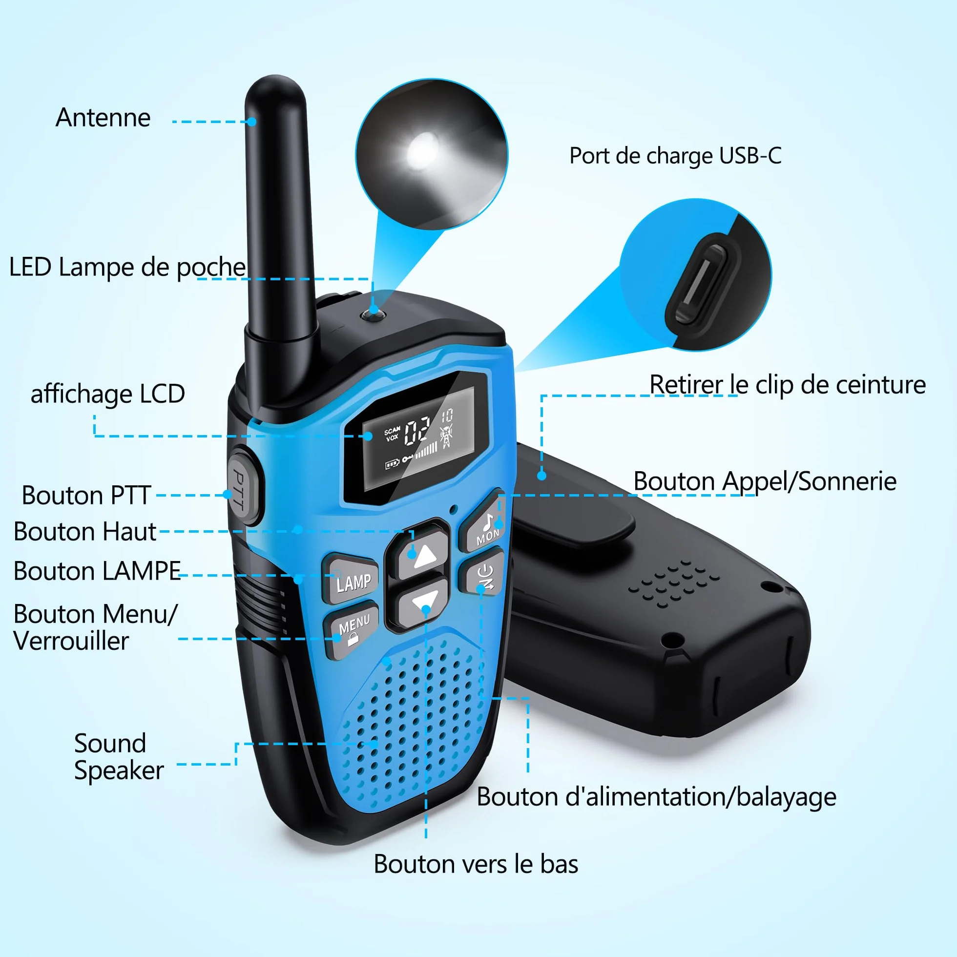 Talkie Walkie Rechargeable Li-ION 1200mAh 5KM USB Type-C VOX Mains Libres 16 Canaux
