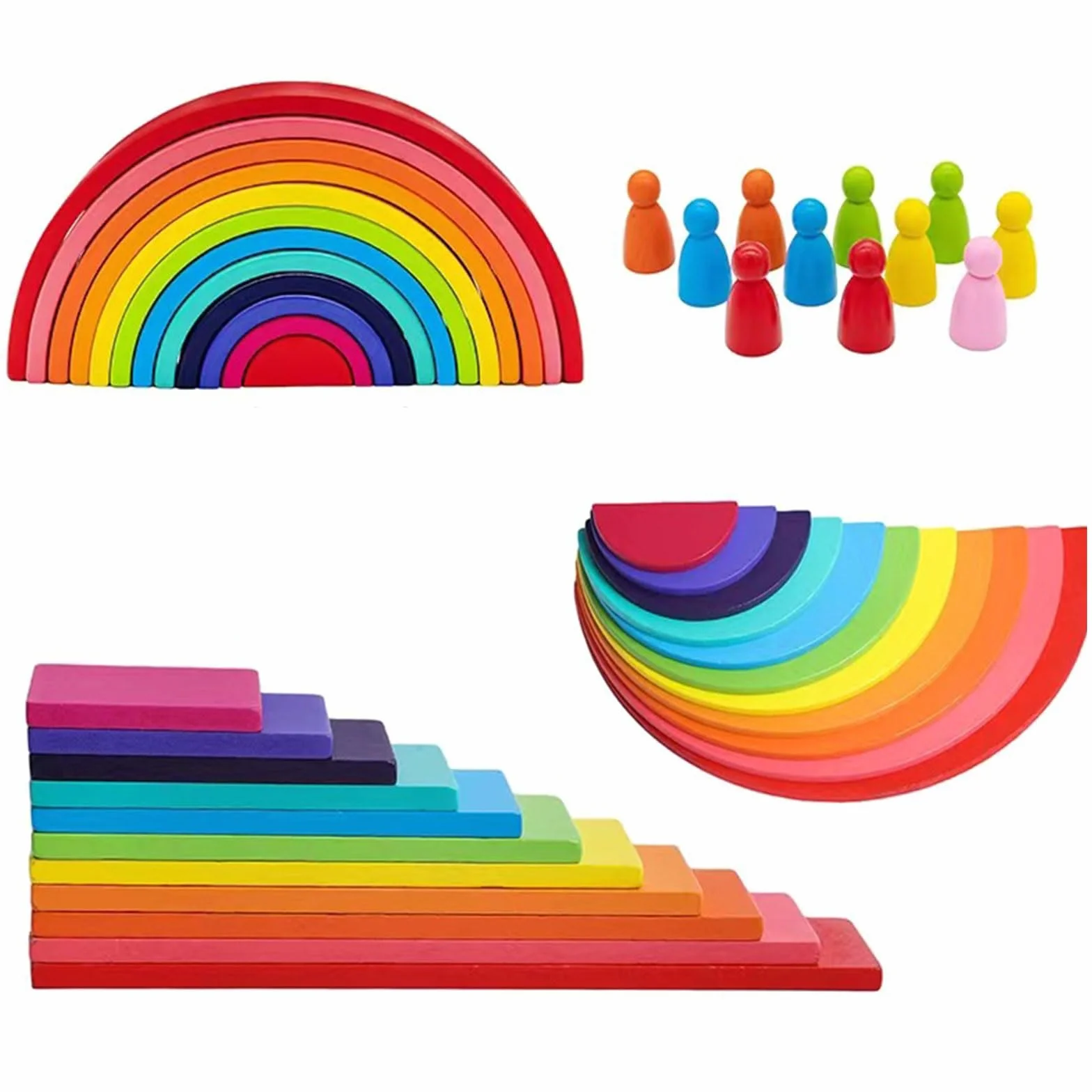 Kiuiom Arc en Ciel Bois Montessori Jouet Bloc De Construction 4 Pièces pour Enfants
