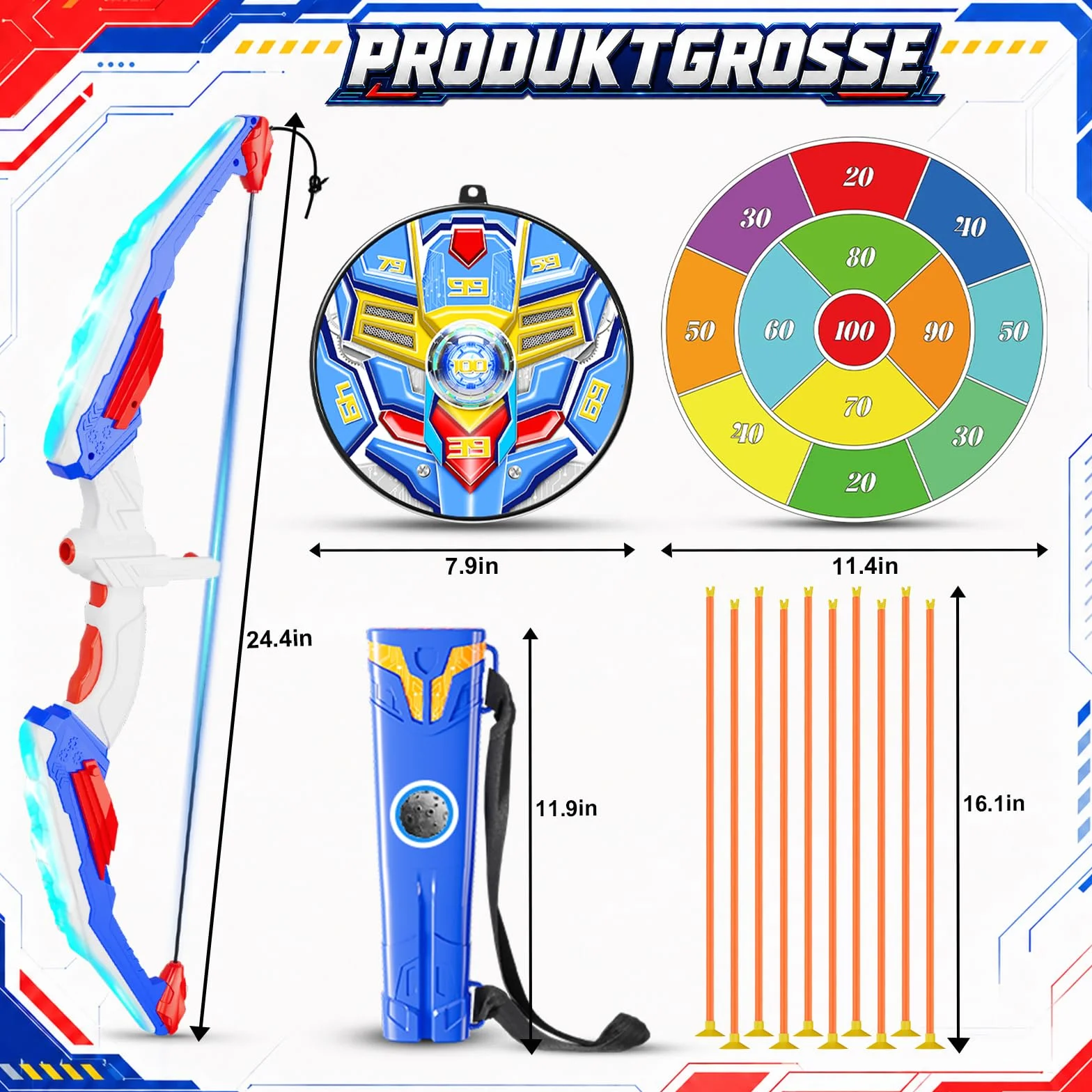 Tir à l'arc Jouet Enfant avec LED Lumières 2 Cible 10 Flèches 1 Cuisiniers 4-12 Ans Intérieur Extérieur