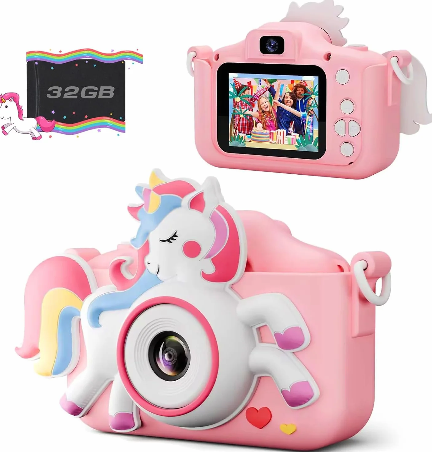Diswoe Appareil Photo Enfant Selfie HD 32GB Carte Etui en Cuir Anti-Chute Jouet Cadeau Filles Garçons 3-12 Ans
