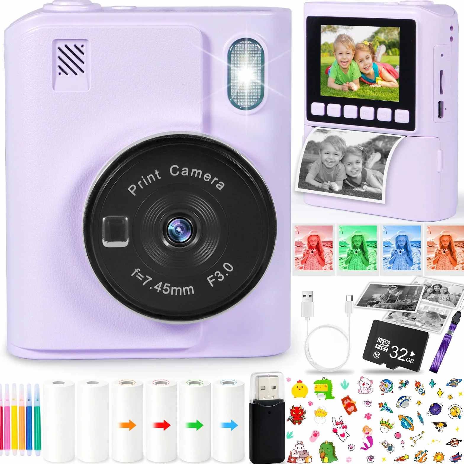 Appareil Photo Instantané Enfant 1080P 2,4" Écran avec Carte 32GB et Papier d'impression