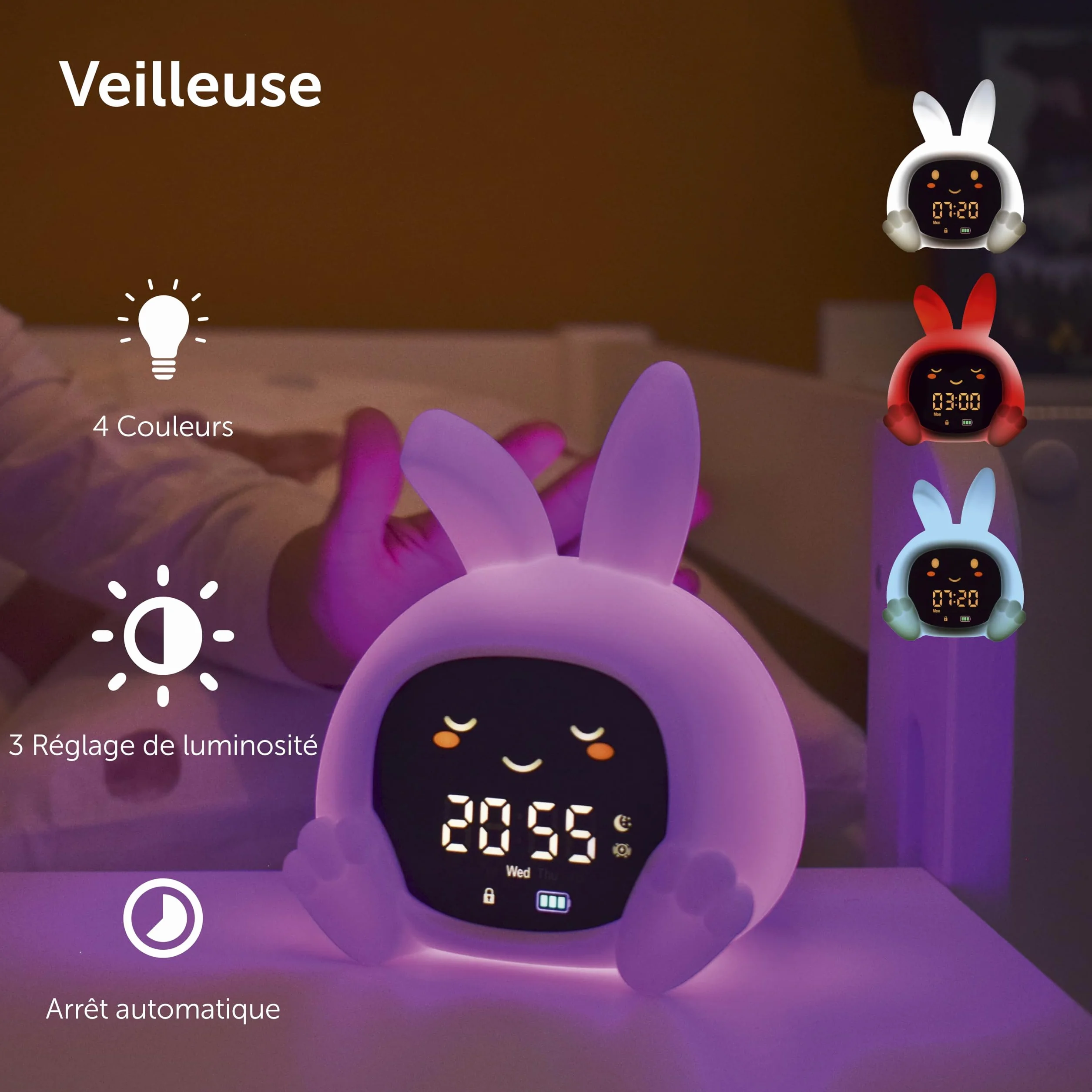 ZAZU Sarah Réveil Éducatif Enfant Rechargeable Veilleuse LED 5 Couleurs Machine à Sons Horloge Jour/Nuit USB