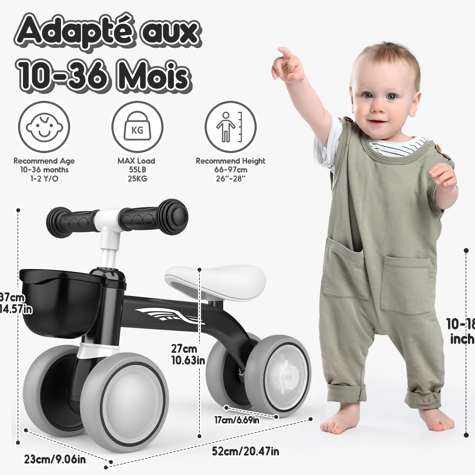HappyGoLucky Draisienne Évolutive 1-2 Ans, Vélo avec Panier, Trotteur Bébé, Roues Colorées, Ultra-léger, Jouet 12-24 Mois
