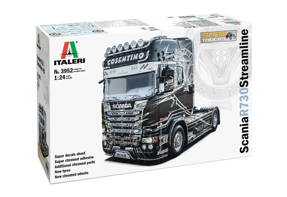 Italeri 3952S - 1:24 Scania R730 Streamline Show Truck, modélisme, modélisme sur pied, bricolage, passe-temps, collage, kit en plastique, détaillé, unisexe adulte, noir