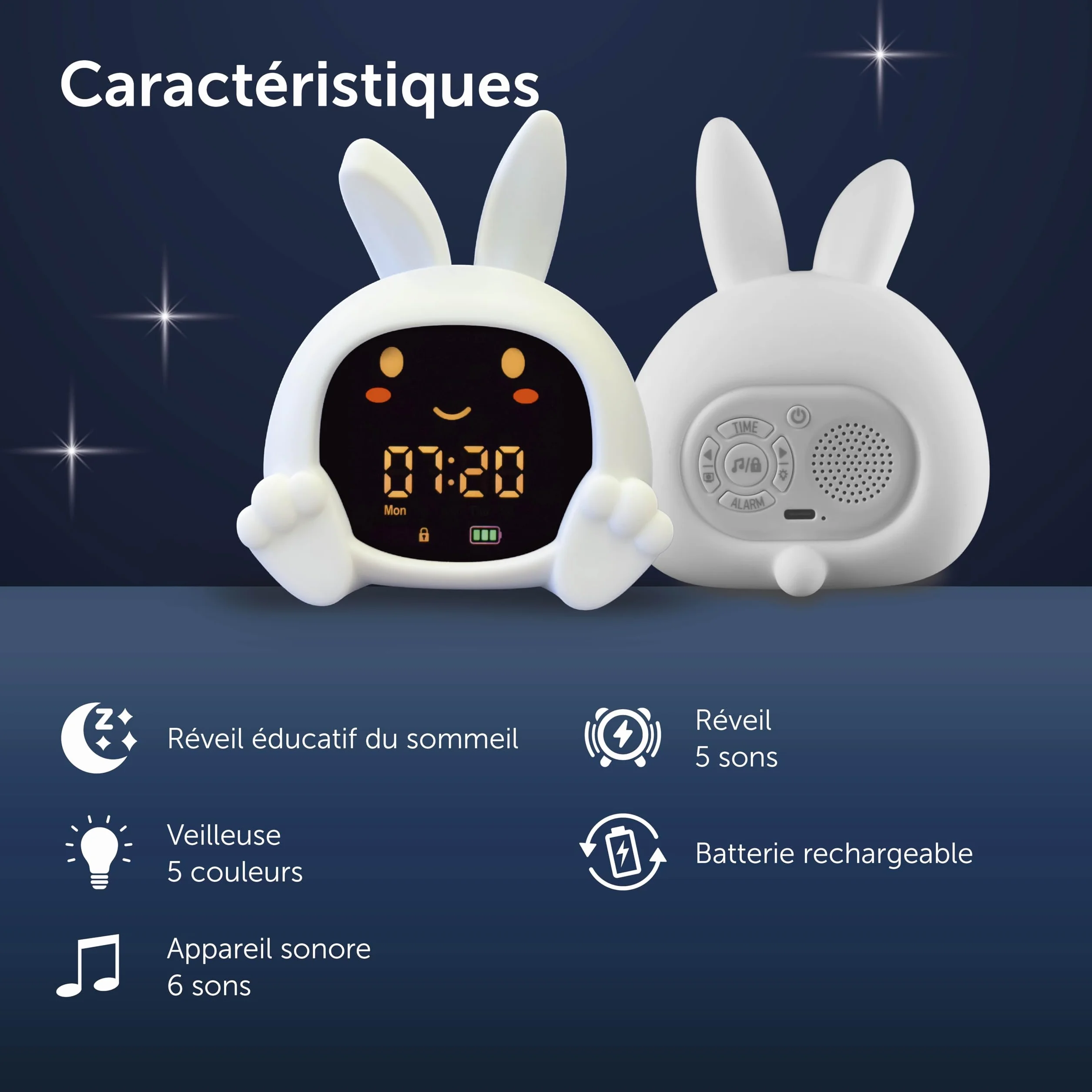 ZAZU Sarah Réveil Éducatif Enfant Rechargeable Veilleuse LED 5 Couleurs Machine à Sons Horloge Jour/Nuit USB