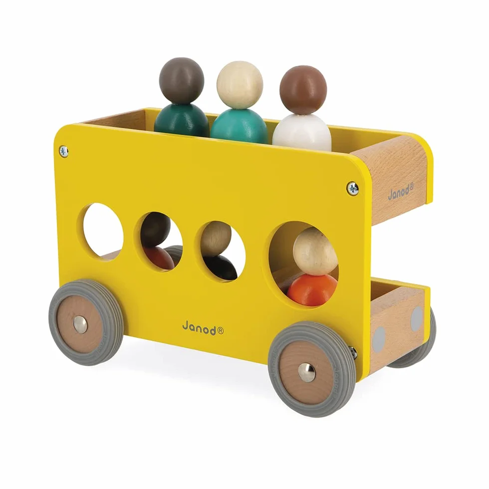 Janod Bus Scolaire en Bois Massif Bolid - 6 Personnages Inclus - Roues Silencieuses - Dès 2 Ans