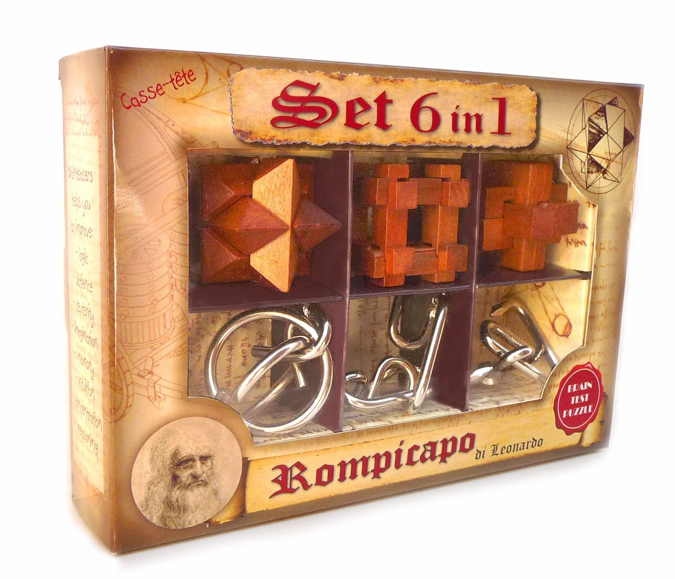 Logica Jeux Art. Set 6 en 1 Série Leonardo Casse-têtes Bois Métal Difficultés Mixtes
