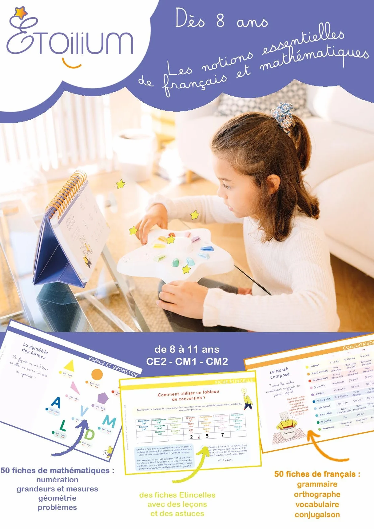 ETOILIUM Chevalet Français Mathématiques 100 fiches autocorrectives CE2 CM1 CM2 8-11 Ans