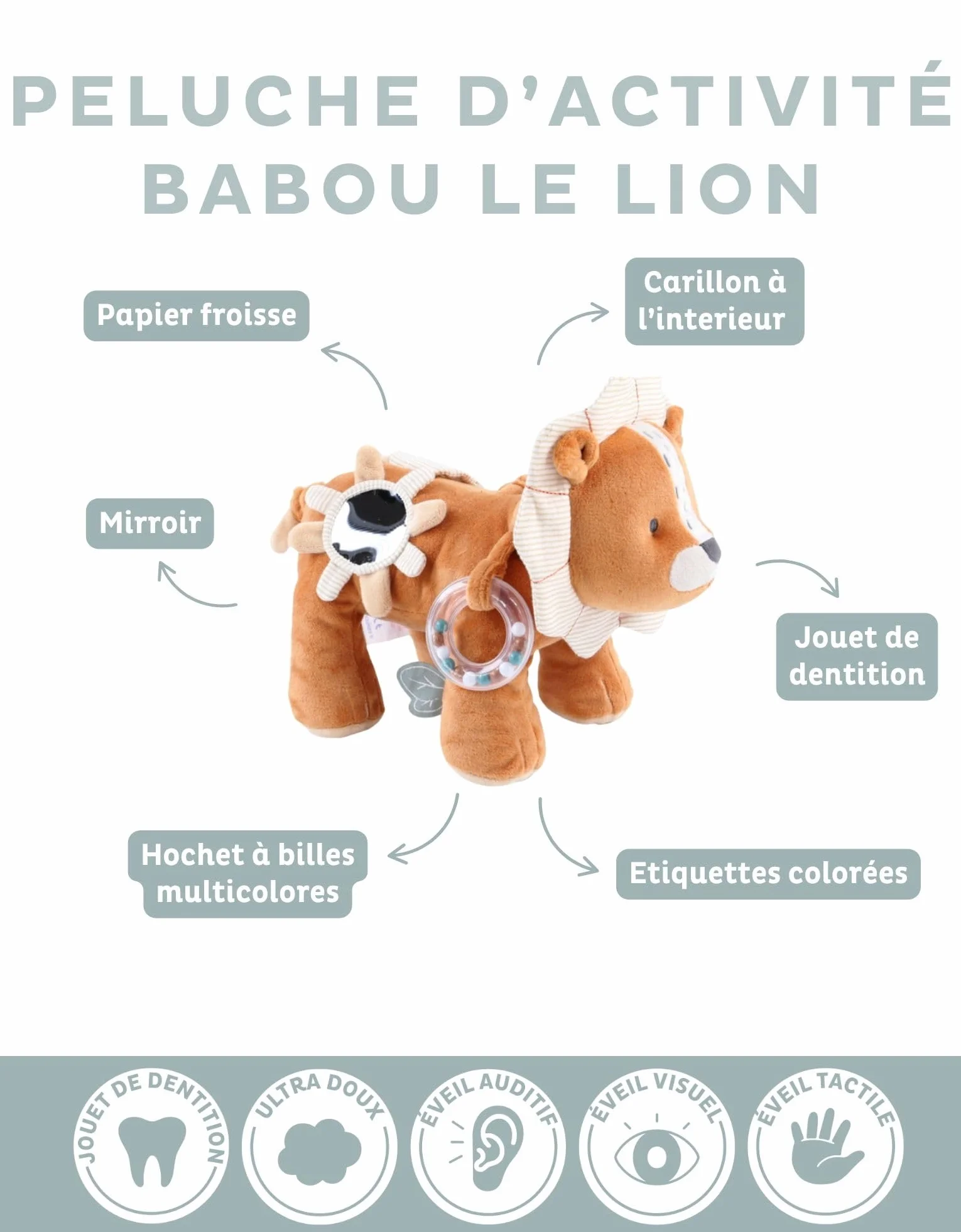 Peluche d'activités bébé Lion Babou 40cm Jouet d'éveil Cadeau de Naissance