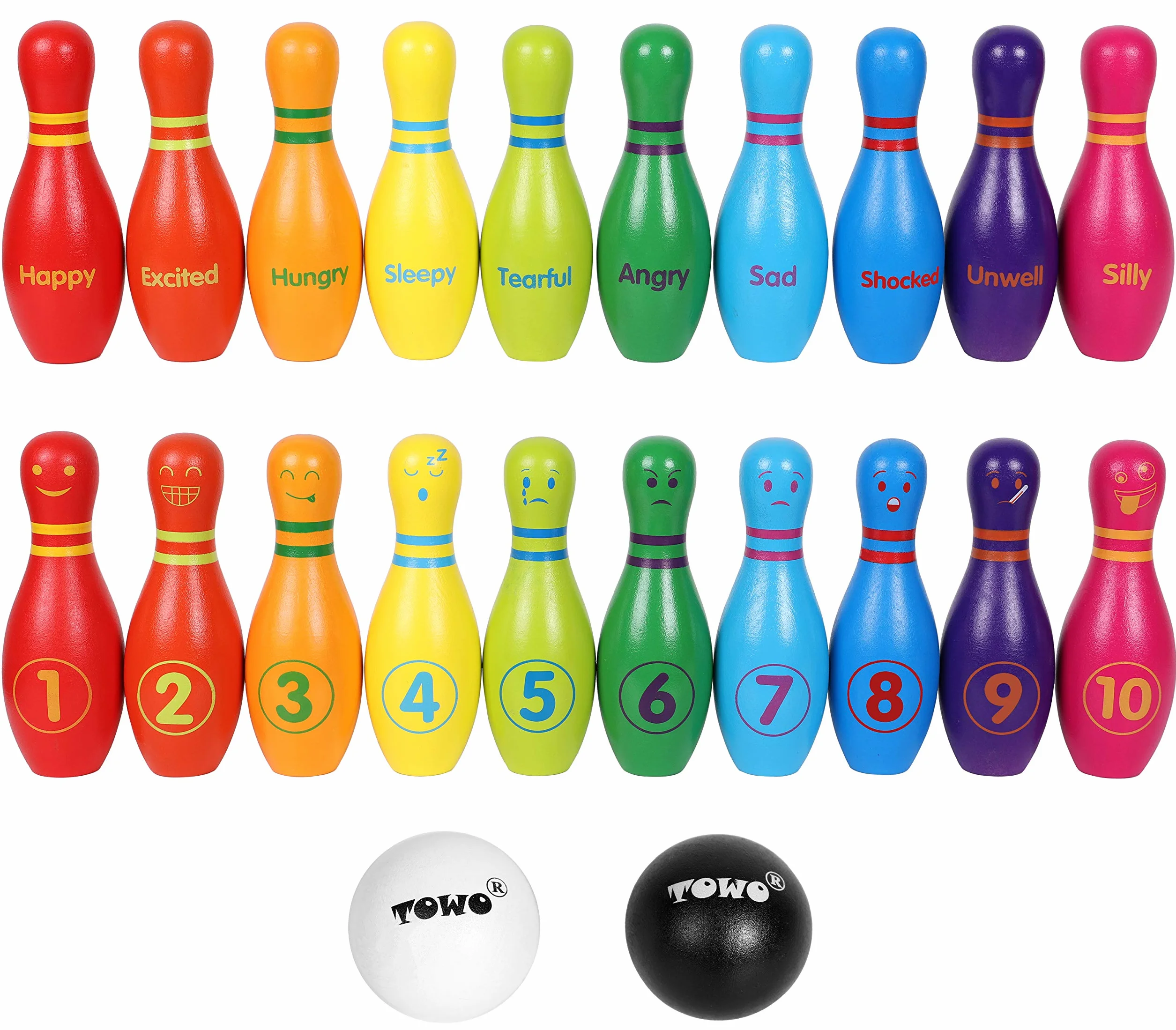 Jeu de quilles en Bois TOWO pour Enfants - 10 quilles avec Expressions faciales et Chiffres