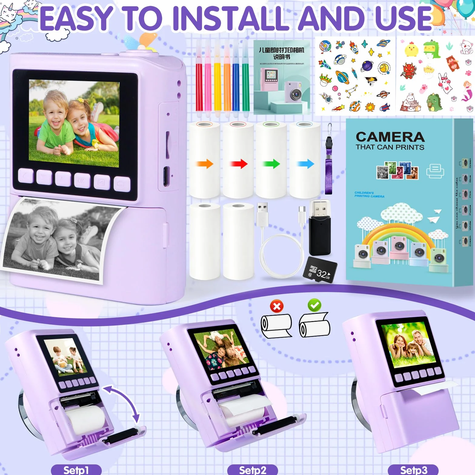 Appareil Photo Instantané Enfant 1080P 2,4" Écran avec Carte 32GB et Papier d'impression