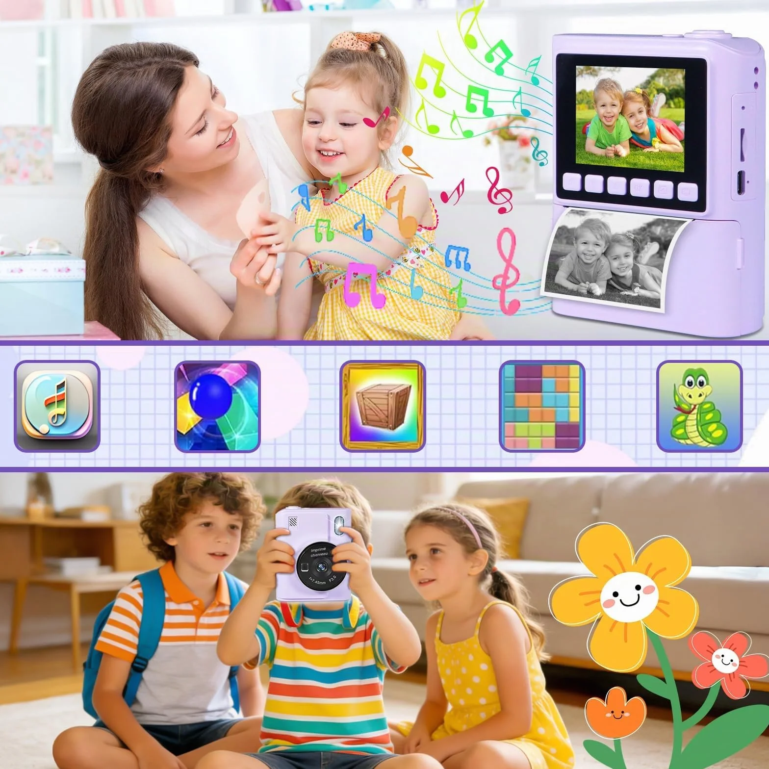 Appareil Photo Instantané Enfant 1080P 2,4" Écran avec Carte 32GB et Papier d'impression