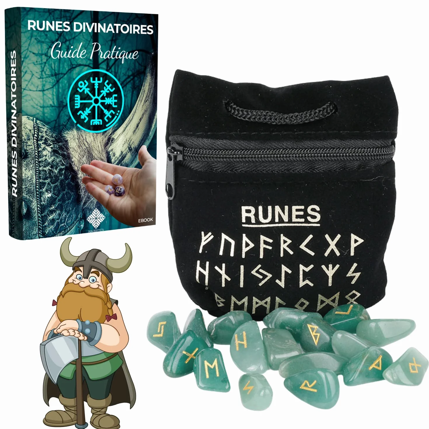 Runes Divinatoires Vikings - Pack de 25 Pierres Naturelles Aventurine Verte Gravées 2cm x 1cm avec Sac Noir et Ebook PDF - Alphabet Runique Futhark pour Divination