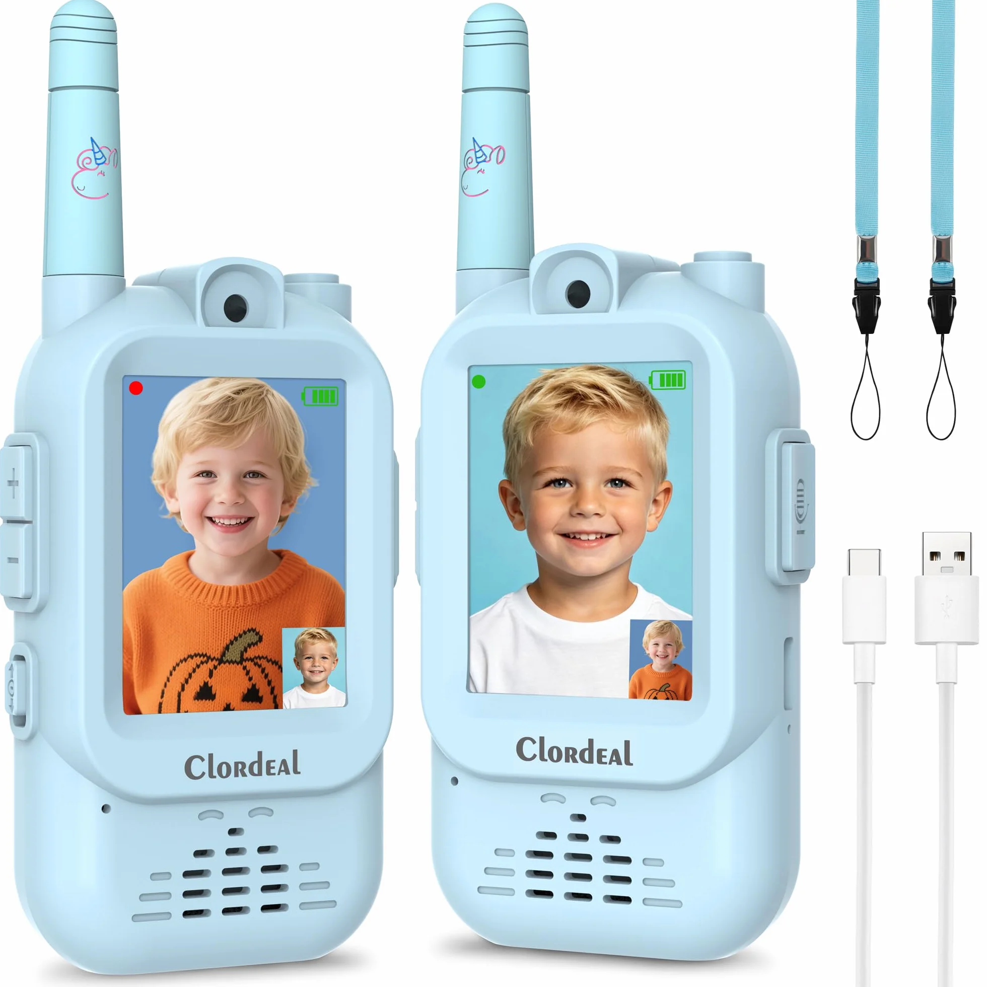 Talkie Walkie Enfant Longue Portée Rechargeable Écran LCD 2" Appel Vidéo 6 Effets Vocaux Appareil Photo Pack de 2 Bleu