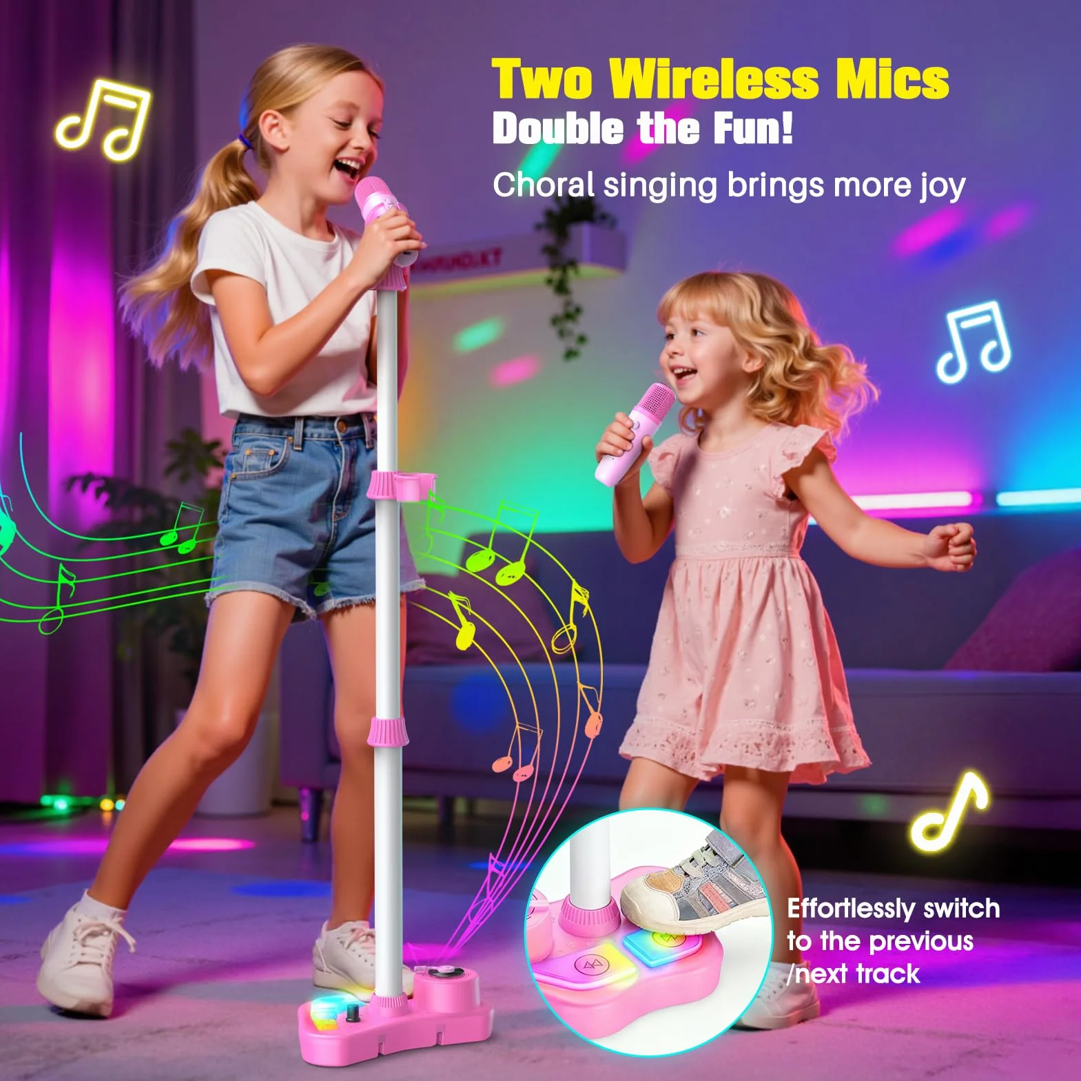 Microphone Enfant avec Support et Lumière, Micro Karaoke Bluetooth/TF/USB, Cadeau Anniversaire Fille 3-12 Ans (Rose)
