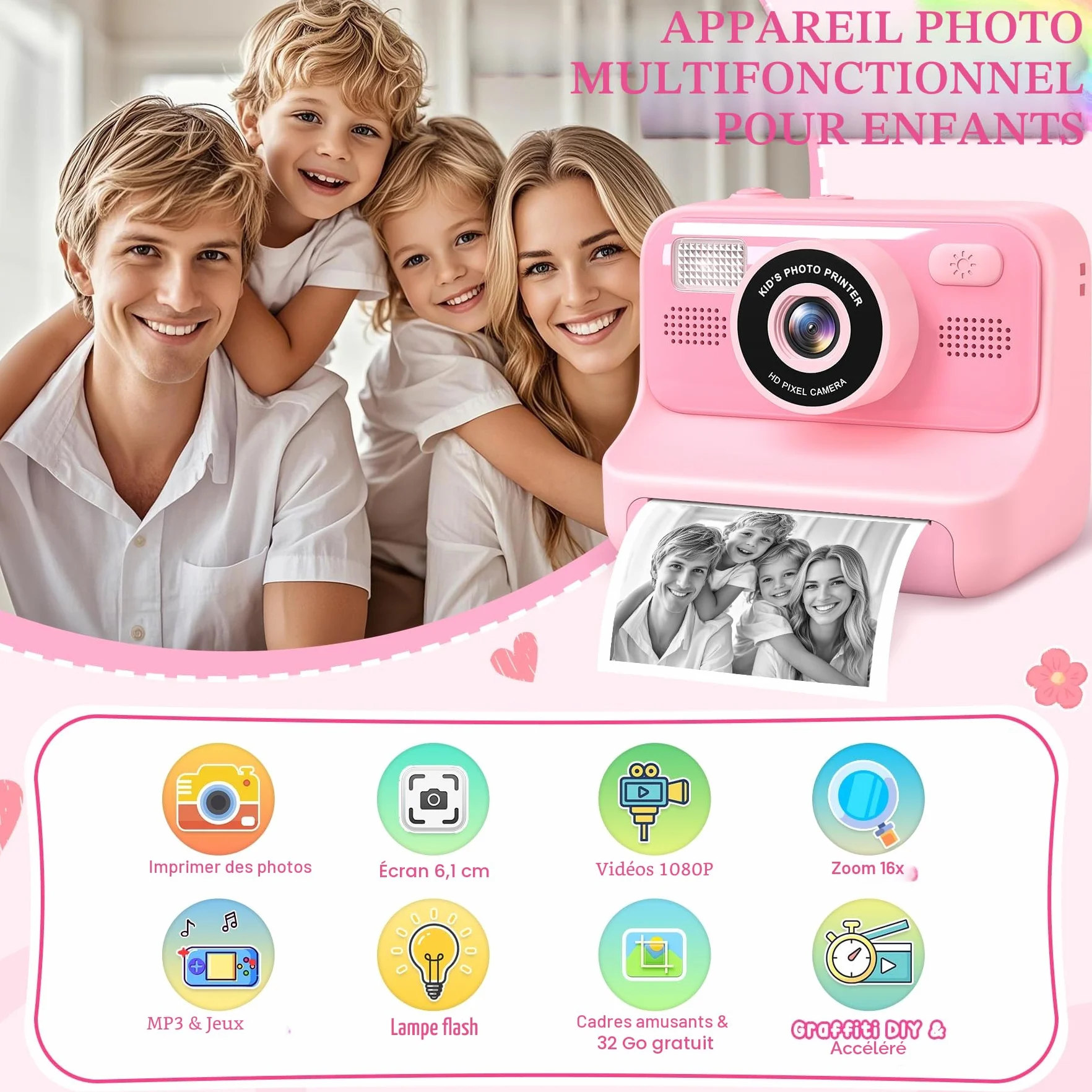 Appareil Photo Instantané Enfant 2.4 Écran Numérique avec Mode Selfie 32GB Papier d'impression Cadeau Jouet Garçons Filles 3-12 Ans Rose