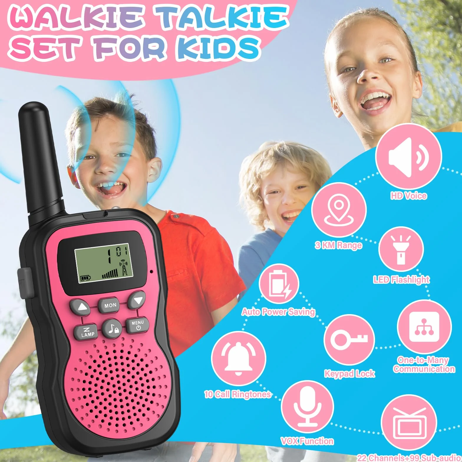 Apkezel Talkie Walkie Enfants Rechargeable Longue Portée 3 KM 1000mAh Ensemble de 3 avec Lampe de Poche VOX Camping Randonnée