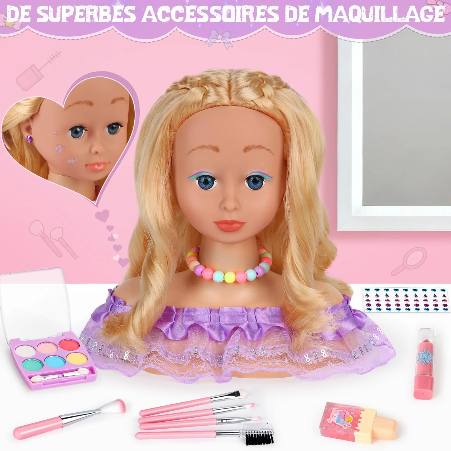 Têtes à Coiffer Enfant 66 Pièces Jouet de Maquillage et de Coiffure Cadeau Anniversaire Noël 3 Ans