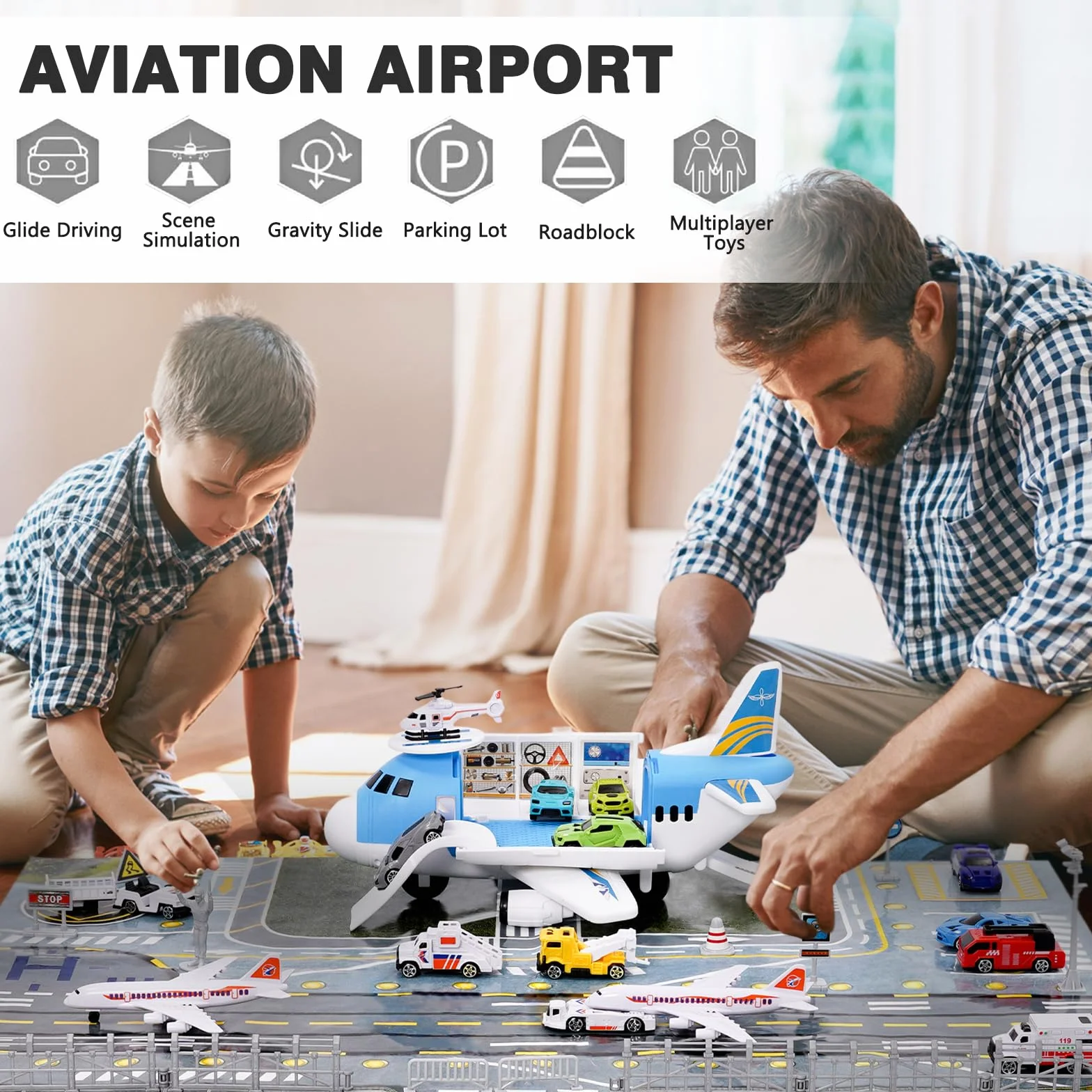 Transport Avion Jouet Voiture Jouet 15 Moyens Transport Panneaux Signalisation Tapis Jeu Hélicoptère Parking Cadeau Enfants 3+
