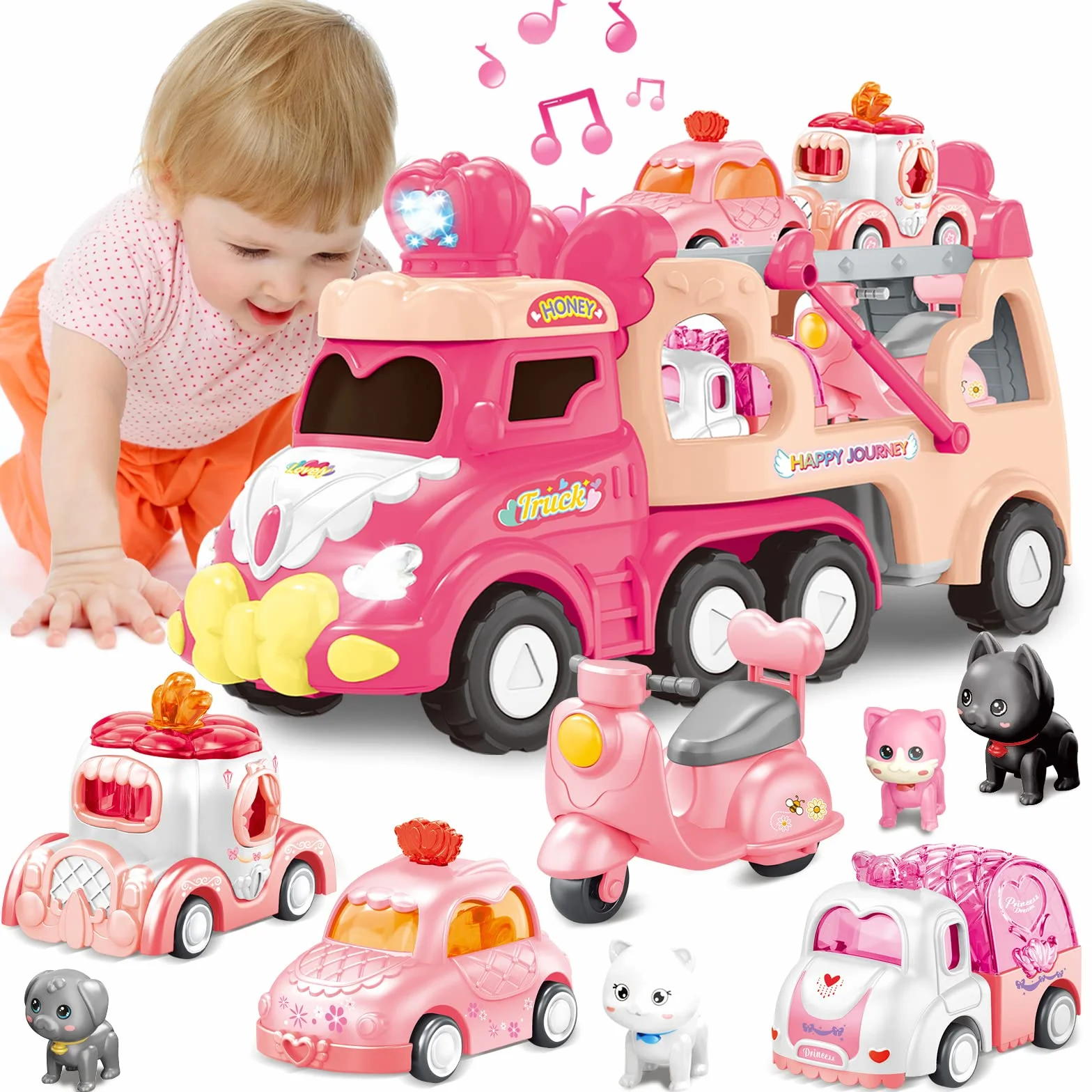 Camion Jouet 9 en 1 avec Sons et Lumières, Transporteur de Voitures Cadeau Anniversaire pour Garçons Filles 2-4 Ans