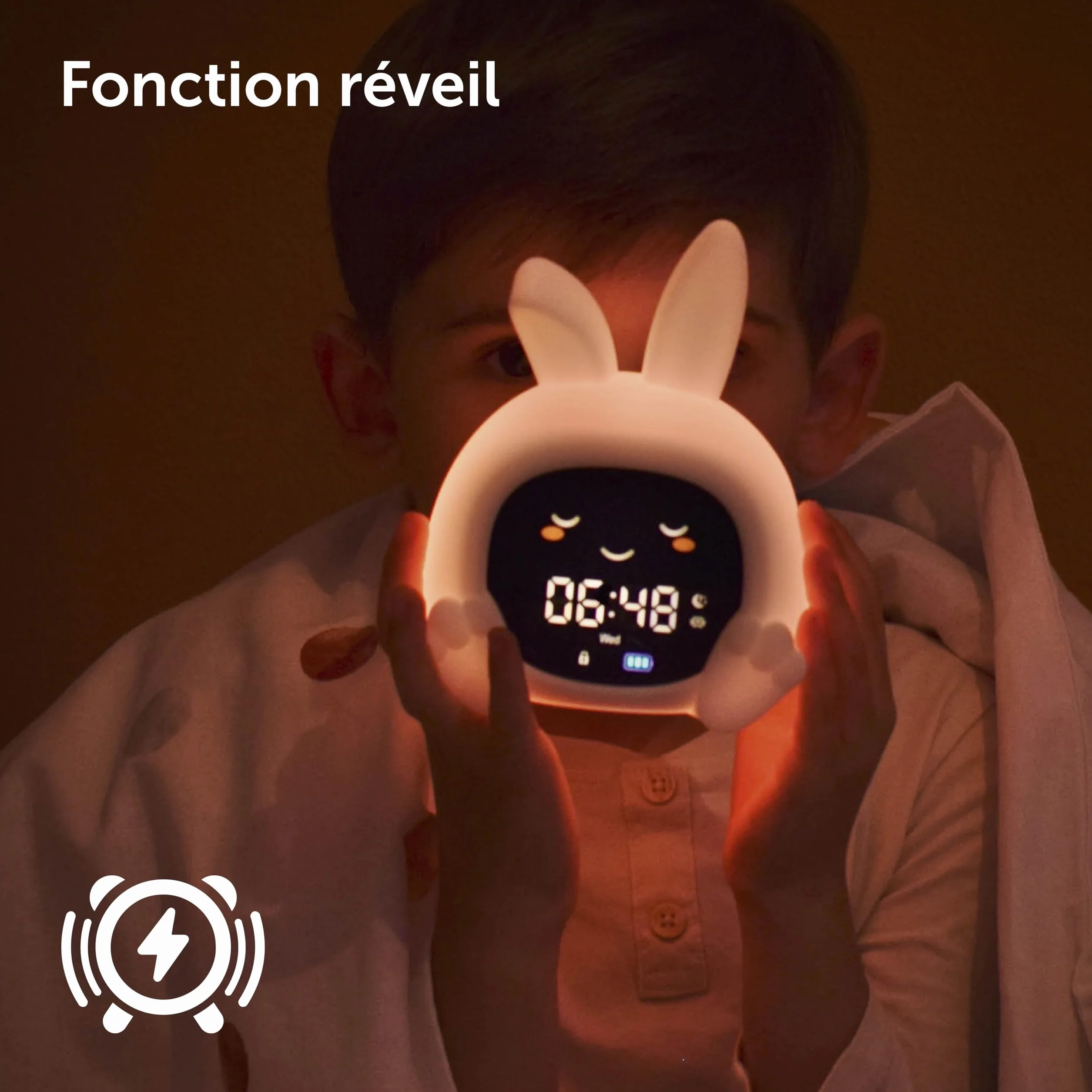 ZAZU Sarah Réveil Éducatif Enfant Rechargeable Veilleuse LED 5 Couleurs Machine à Sons Horloge Jour/Nuit USB