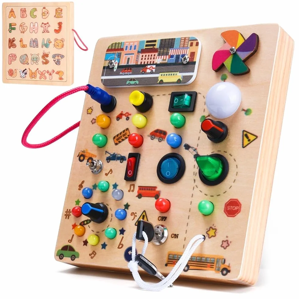 Planche Montessori Busy Board en Bois pour Bébé 3+ Ans, Activity Board avec 19 Lumières, Jouet Éducatif Sensoriel Motricité, Voyage Portable Cadeau Garçons Filles