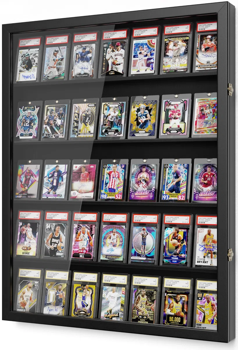 5 Étages Présentoir Mural de Cartes, Bois Étages Présentoir de Cartes à Collectionner, Transparent HD Cadre D'affichage de la Carte pour Cartes de Baseball de Sport Classées Collection (Noir)
