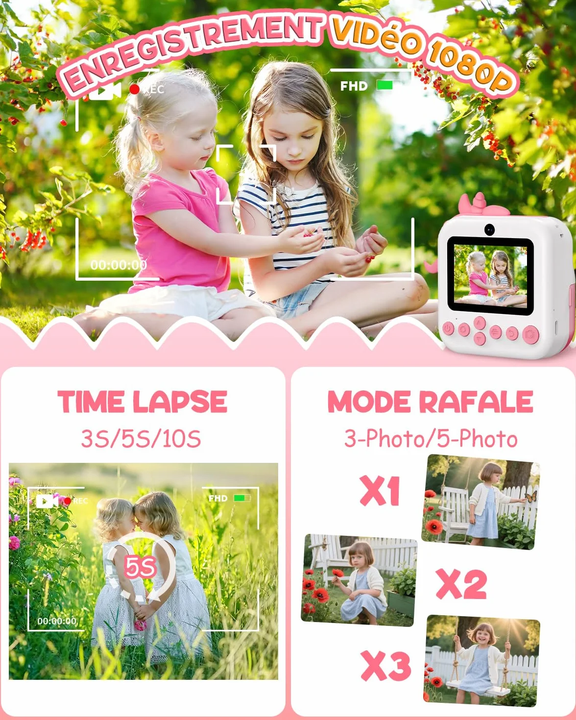 Appareil Photo Enfant 2,4" Instantané Rechargeable avec Papier d'impression 32GB Cadeau Filles Garçons 3-12 Ans
