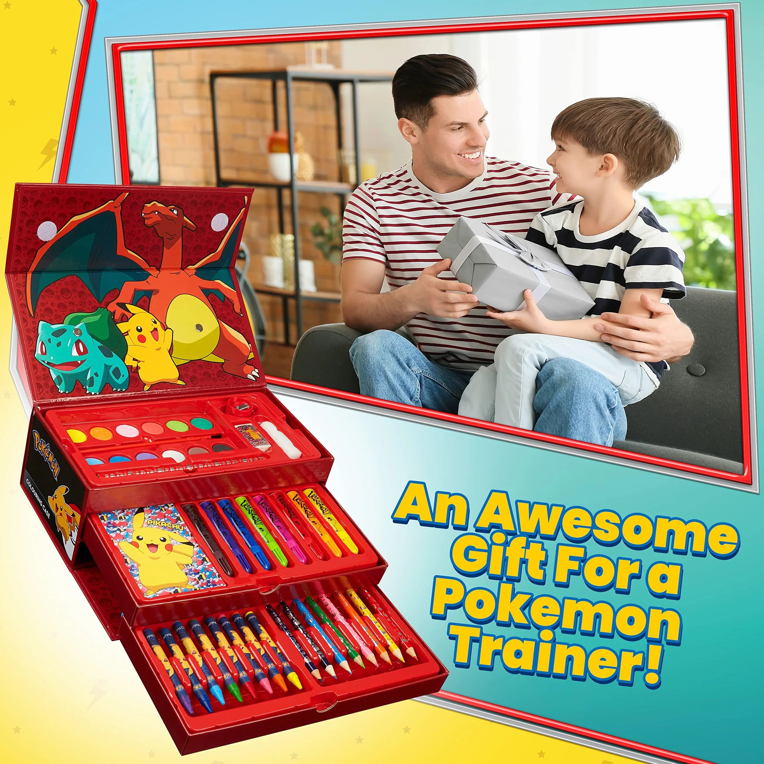 Pokemon Kit Dessin Enfant Crayons Couleur Cire Feutres Aquarelle Pikachu Noir Rouge