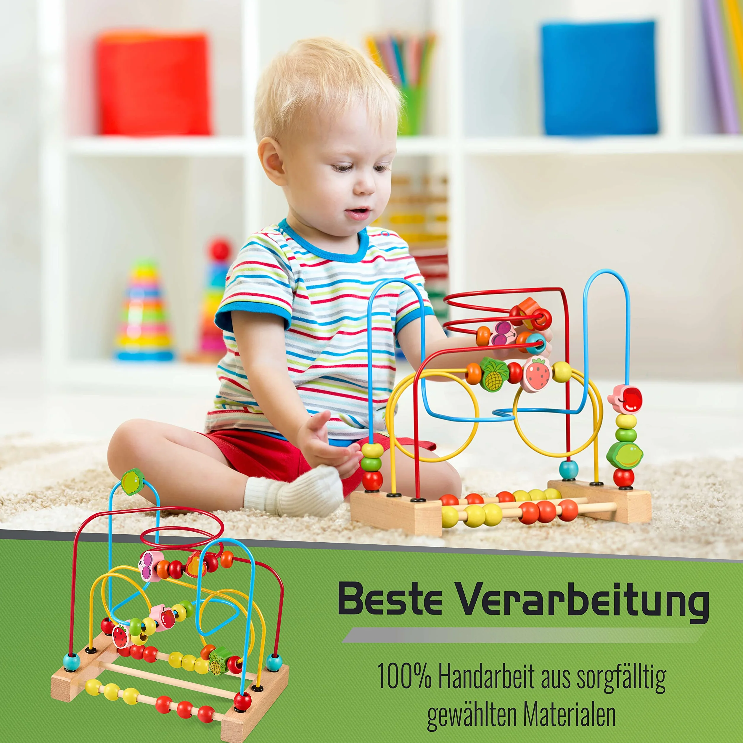 Balinco Cube de Motricité Montessori Bébés dès 6 Mois Jouet en Bois avec Fruits Perles à Faire Glisser Développement Sensoriel