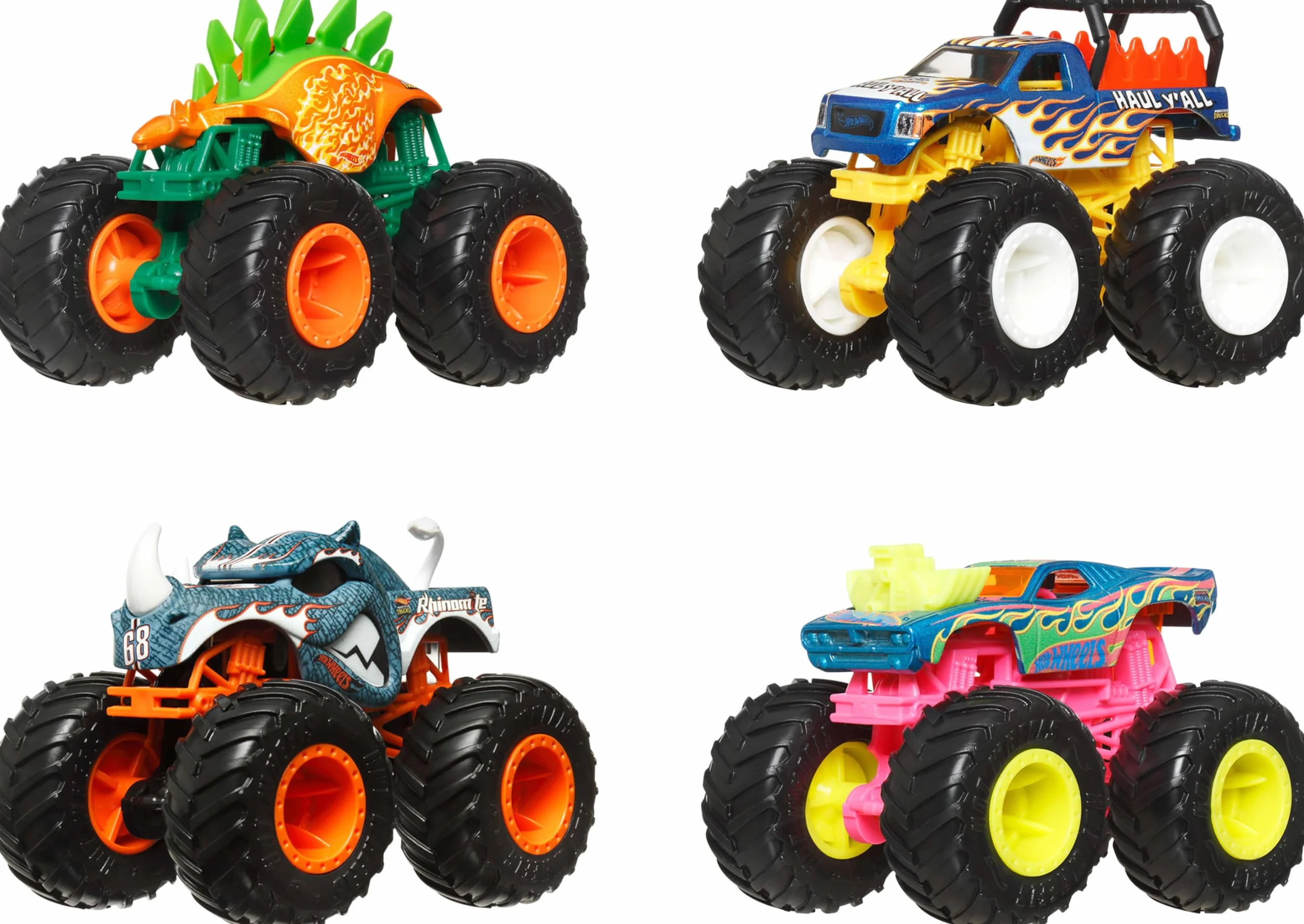 Hot Wheels Pack de 4 Monster Trucks 1/64 Véhicules à l’échelle, Roues Géantes JGD65