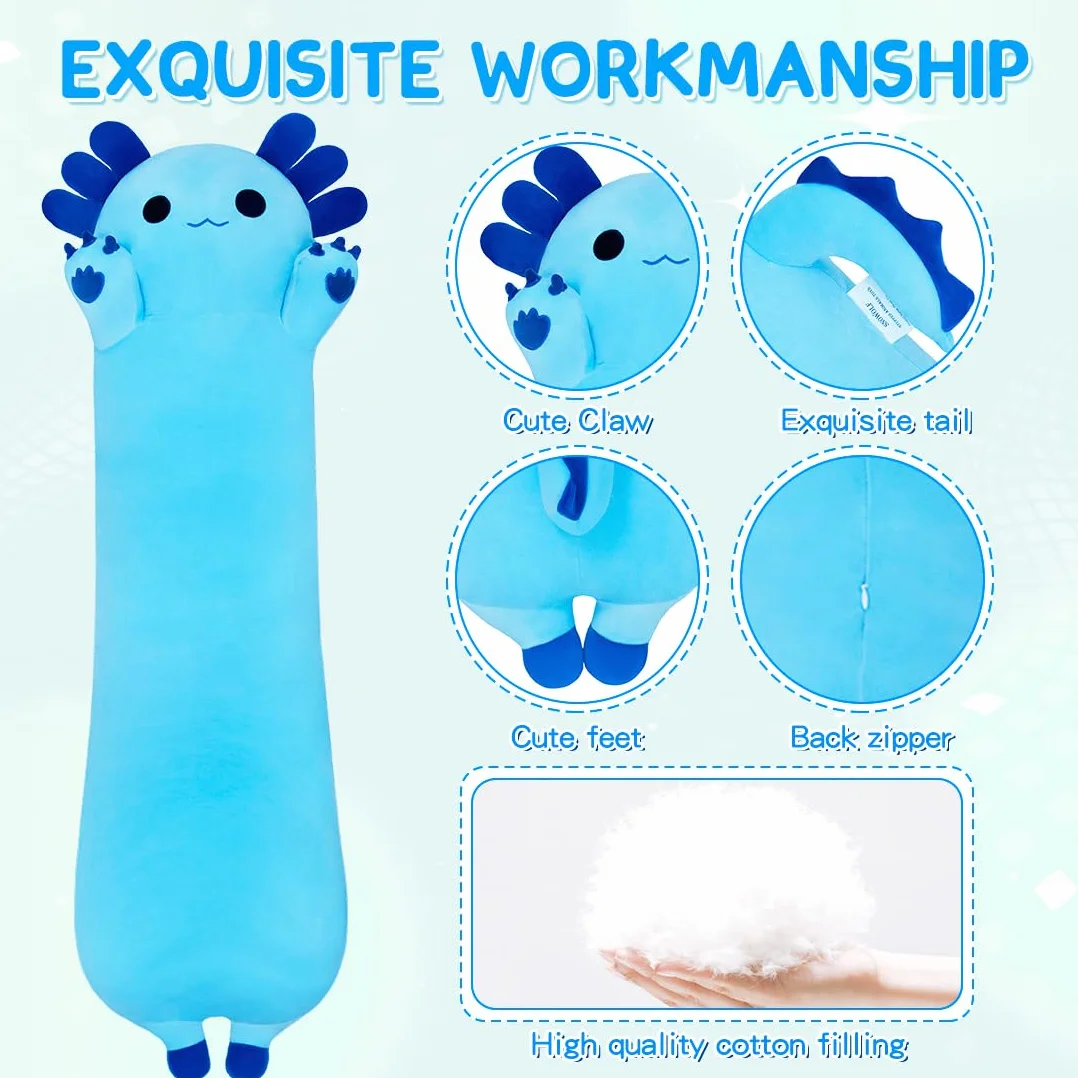 Coussin en peluche Axolotl 90 cm bleu