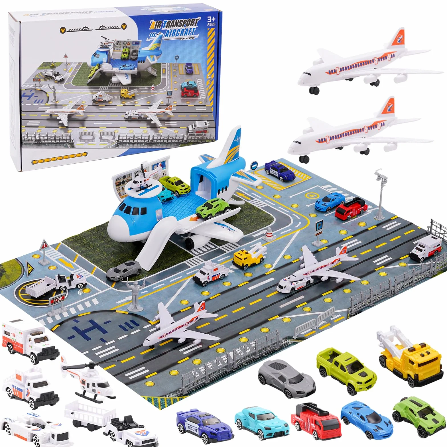 Transport Avion Jouet Voiture Jouet 15 Moyens Transport Panneaux Signalisation Tapis Jeu Hélicoptère Parking Cadeau Enfants 3+