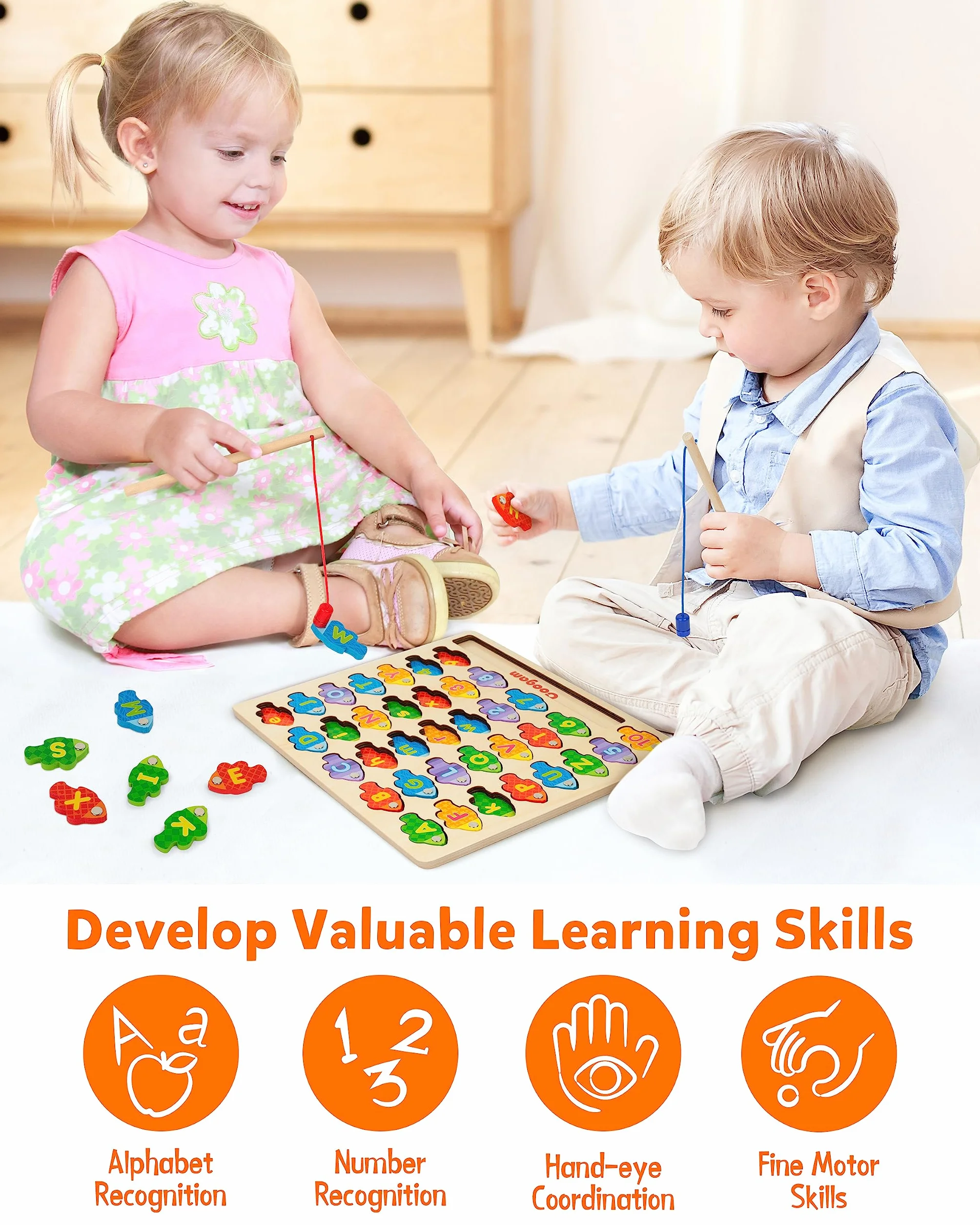 Coogam Magnetic Lettres Numériques Jeu de Pêche Livres en Bois ABC Montessori Jouets Éducatifs 3 4 5 Ans Enfants