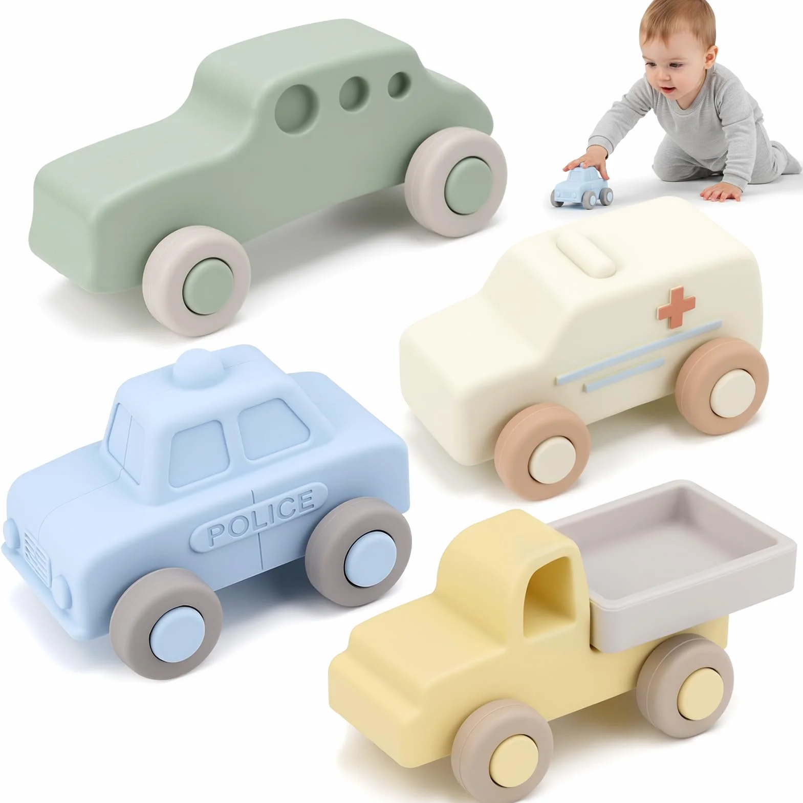 Vanplay Voiture Enfant Jouet Bébé 6 Mois Dentition Jeux Petite Voiture Cadeau Garçon Fille Noël Anniversaire Boîte Rangement 4 Pièces