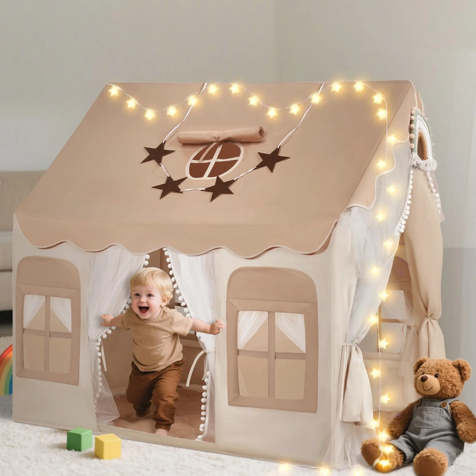 snookids Tente Enfants Interieure - Maison de Jeu intérieure pour Enfants avec Tapis, lumières, pendentifs Arc-en-Ciel et Drapeau étoilé, Tente de Jeu tipi pour la décoration de Chambre d'enfants