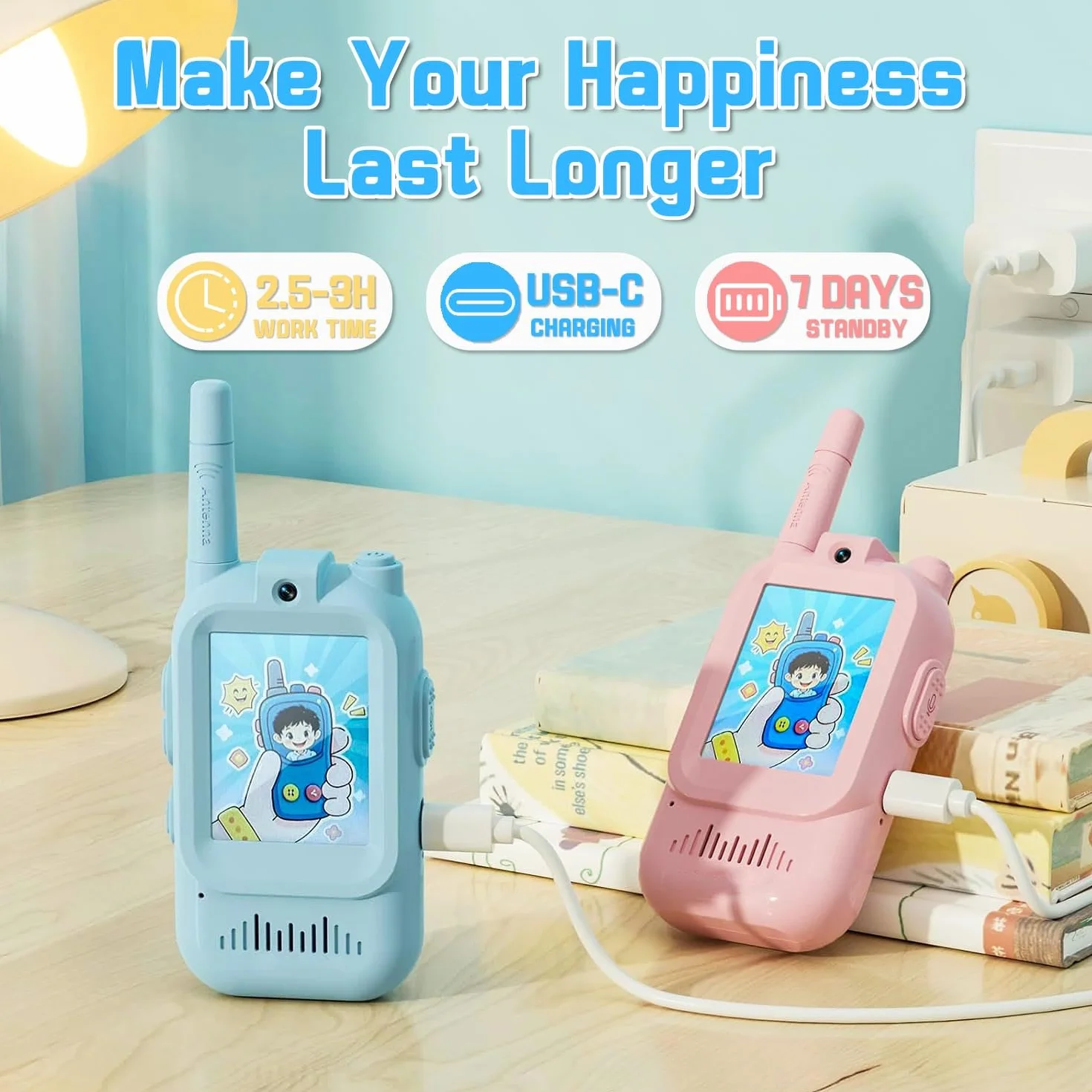 Talkie Walkie Enfant Caméra Vidéo Rechargeables 2pcs Cadeau Fille 3-12 Ans Portée 200m