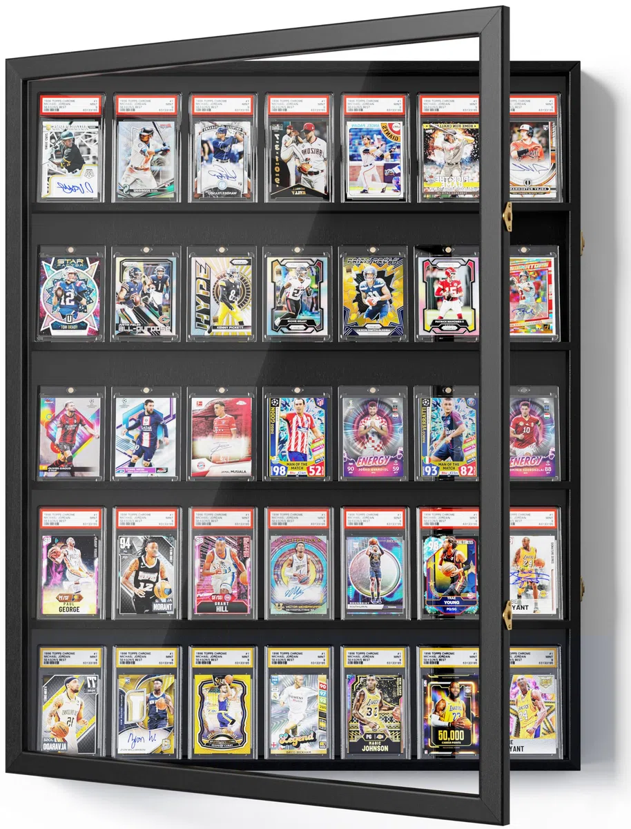 5 Étages Présentoir Mural de Cartes, Bois Étages Présentoir de Cartes à Collectionner, Transparent HD Cadre D'affichage de la Carte pour Cartes de Baseball de Sport Classées Collection (Noir)