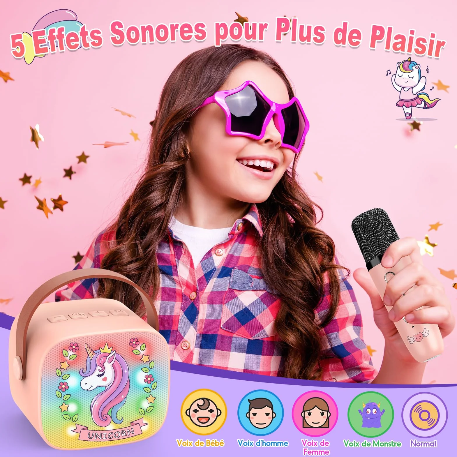 Micro Karaoke Enfant avec 2 Micros sans Fil Bluetooth, Cadeau Fille 3-12 Ans, Jouet Licorne