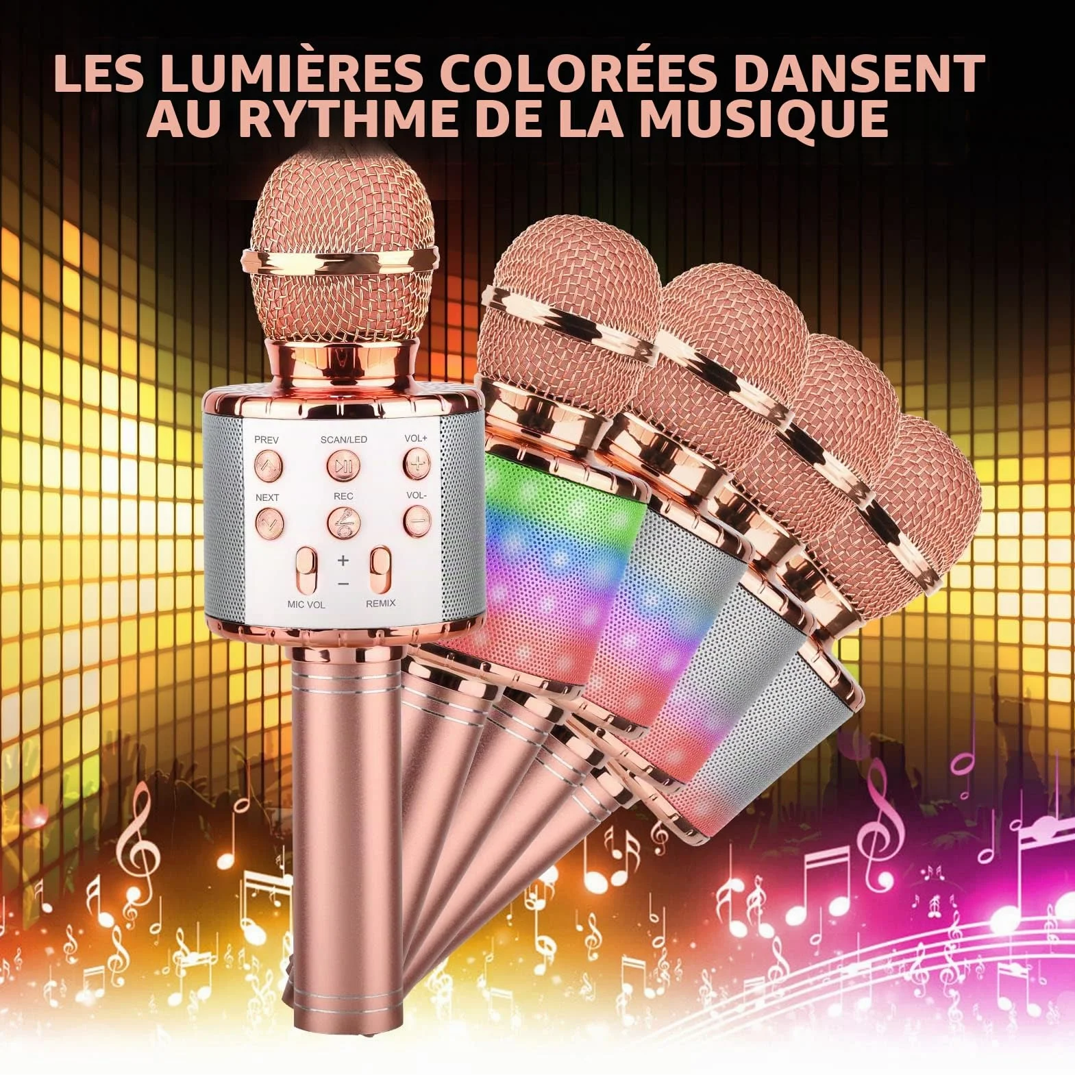 Microphone Karaoke sans Fil Bluetooth Portable avec LED Lumière Disco pour Enfants Adultes Chanter Compatible Android iOS PC Smartphone Or Rose