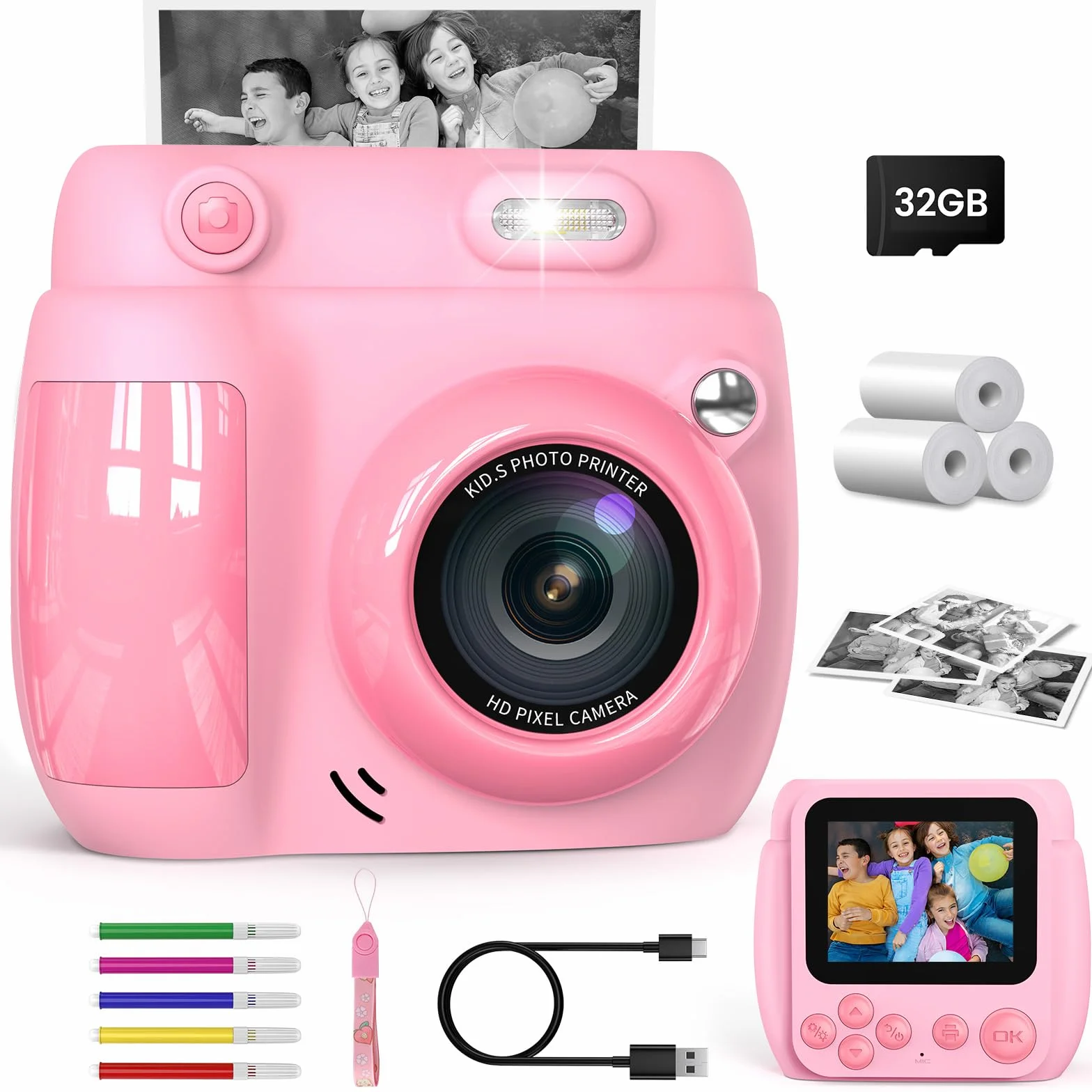 Gofunly Appareil Photo Instantané Enfant 2,4 Pouces Caméra Vidéo Numérique 1080P 32GB Carte 3 Rouleaux Papier Cadeau Noël Anniversaire Garçons Filles 3-12 Ans Rose