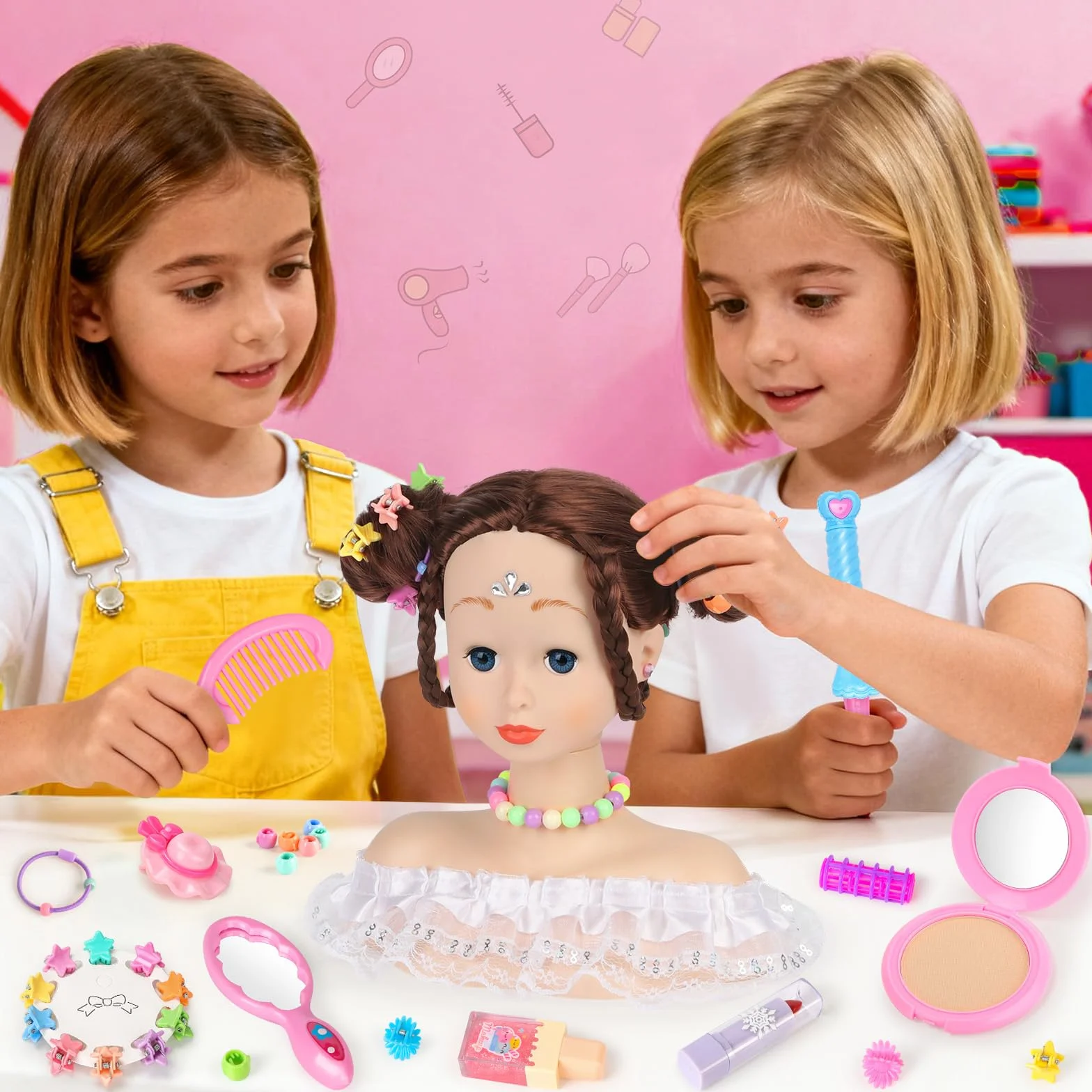 Têtes à Coiffer Enfant 66 Pièces Jouet de Maquillage et de Coiffure Cadeau Anniversaire Noël 3 Ans