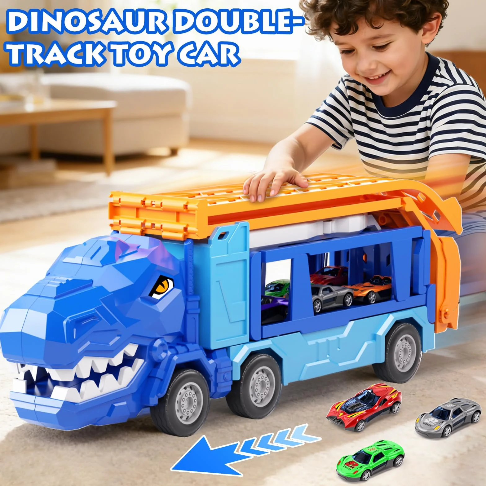 Jouet de camion dinosaure avec grue et 12 mini voitures course pour enfants 3-5 ans