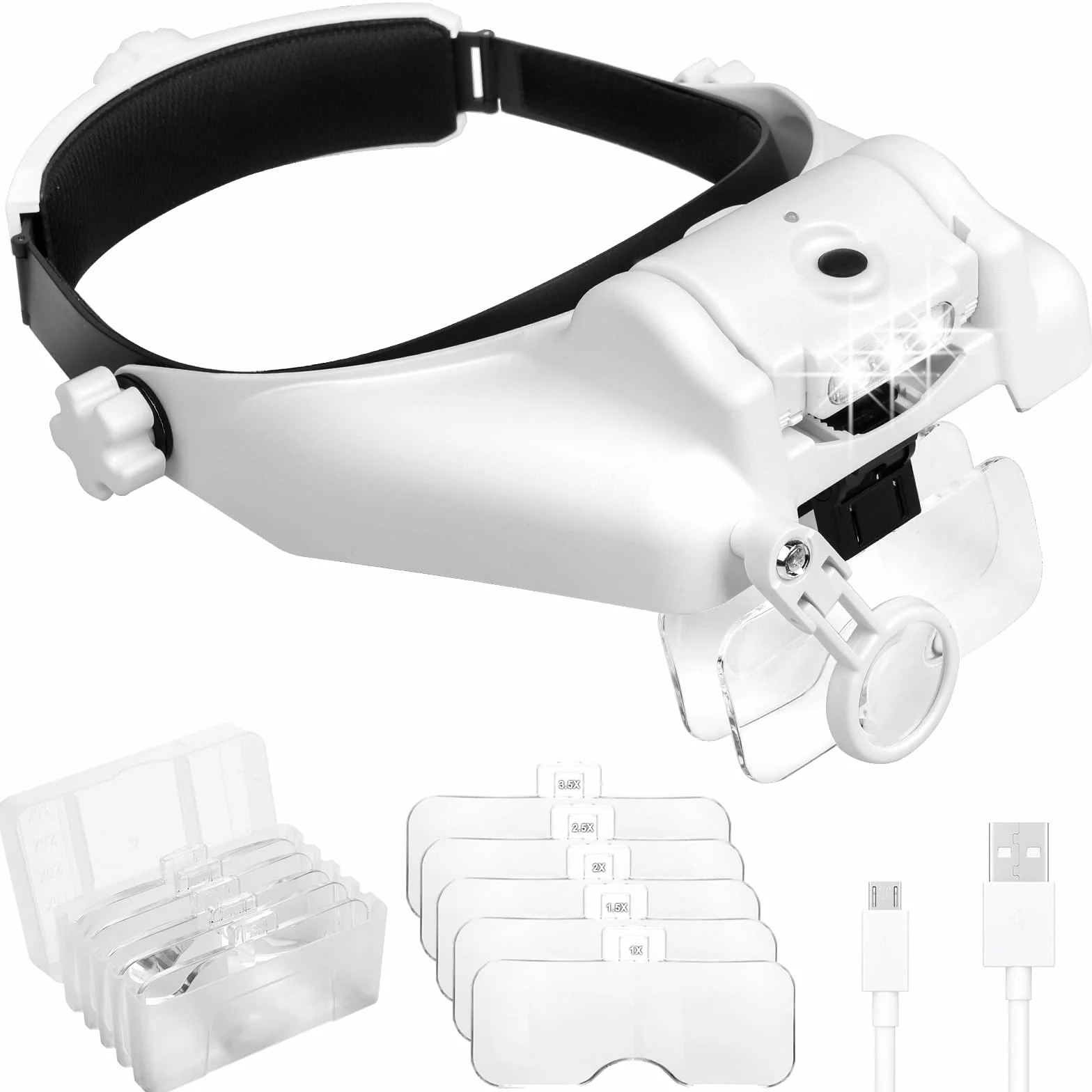 Loupe Bandeau Rechargeable avec Lumière LED 1x à 14x 6 Lentilles Détachables Mains Libres