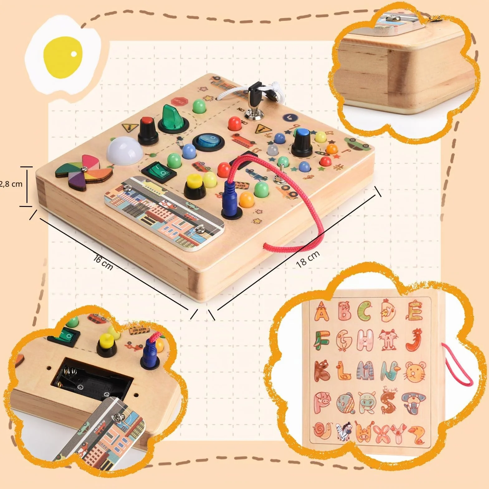 Planche Montessori Busy Board en Bois pour Bébé 3+ Ans, Activity Board avec 19 Lumières, Jouet Éducatif Sensoriel Motricité, Voyage Portable Cadeau Garçons Filles