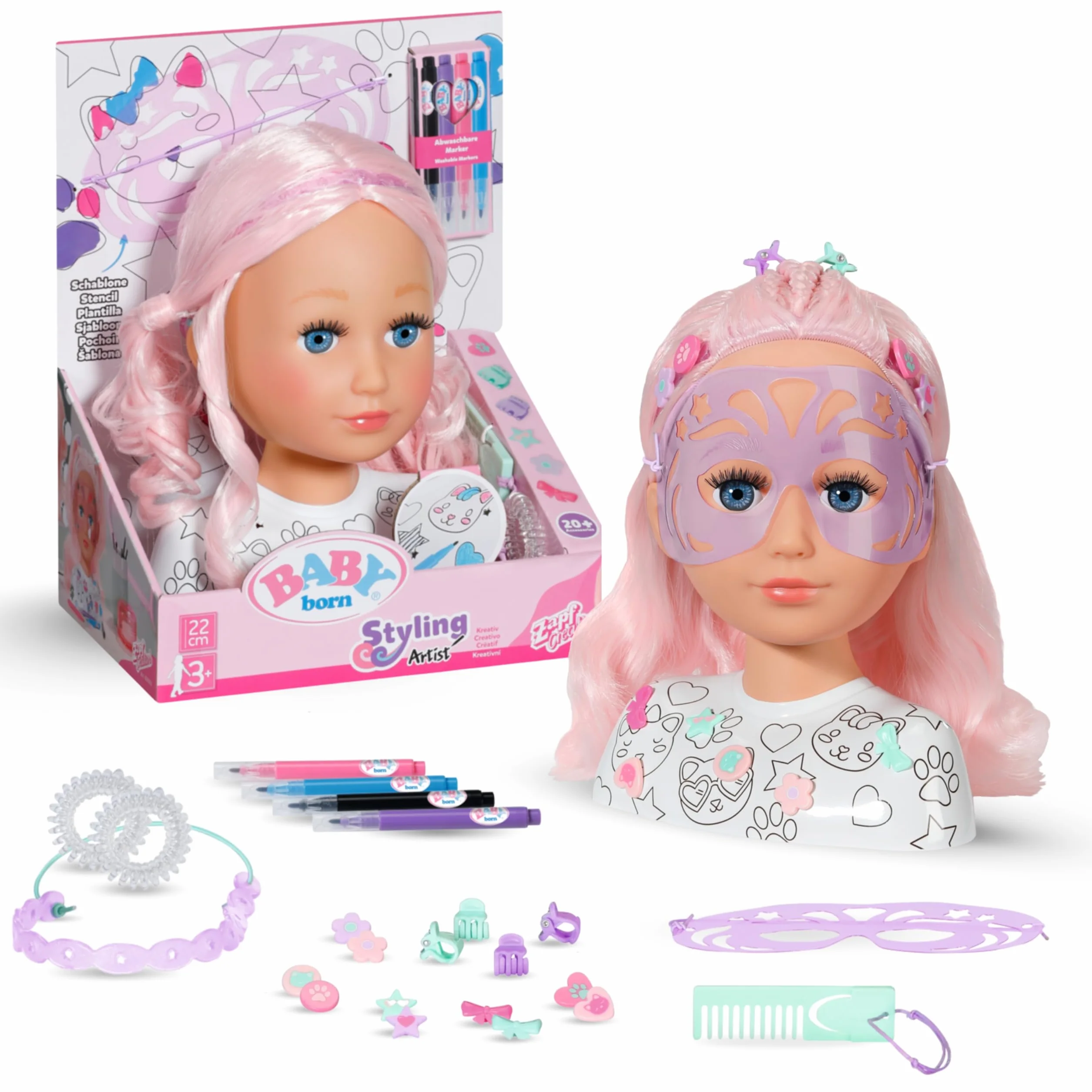 BABY born Tête de Coiffure Créative pour Enfants 3 Ans - Poupée Maquillage Cheveux Roses avec Marqueurs & Accessoires